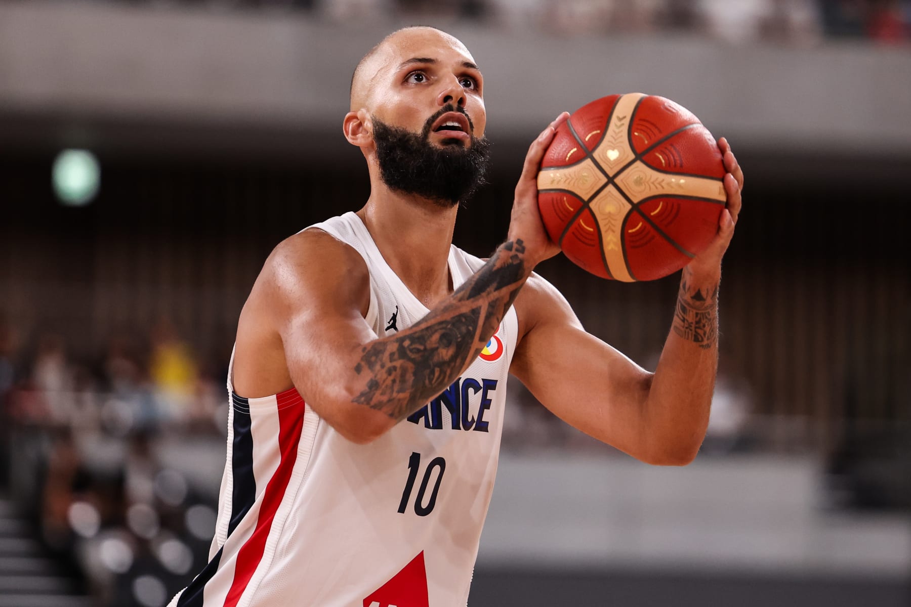TOKYO, JAPAN - AUGUST 20: Evan Fournier #10 of France shoots a free throw during the international basketball game between France and Australia at Ariake Arena on August 20, 2023 in Tokyo, Japan. (Photo by Takashi Aoyama/Getty Images)