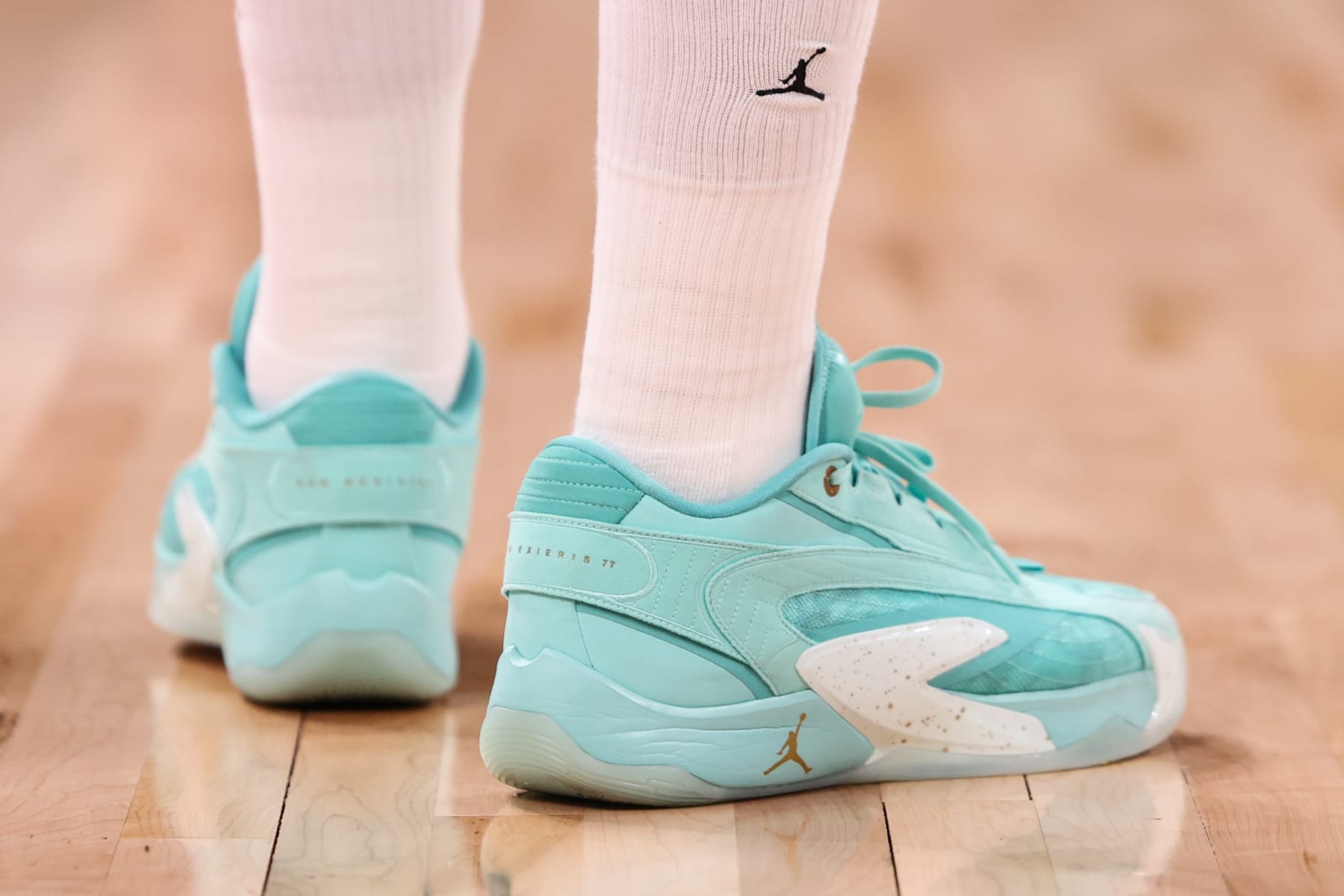 TOKYO, JAPAN - AUGUST 19: Sneakers worn by Luka Doncic #77 of Slovenia during the international basketball game between Japan and Slovenia at Ariake Arena on August 19, 2023 in Tokyo, Japan. (Photo by Takashi Aoyama/Getty Images)