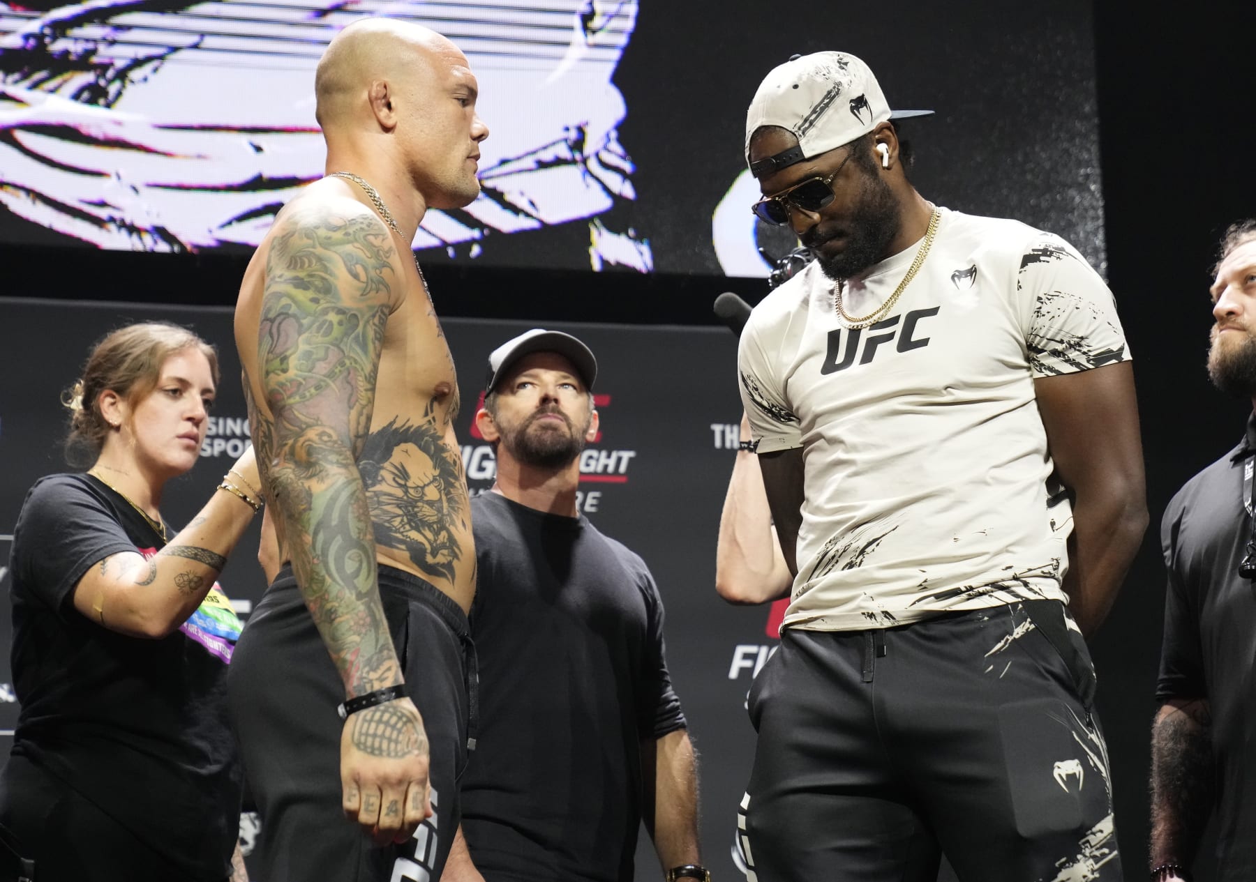 SINGAPORE, SINGAPORE - AUGUST 25: (L-R) Opponents Anthony Smith and Ryan Spann face off during the UFC Fight Night ceremonial weigh-in at Singapore Indoor Stadium on August 25, 2023 in Singapore. (Photo by Mike Roach/Zuffa LLC via Getty Images)