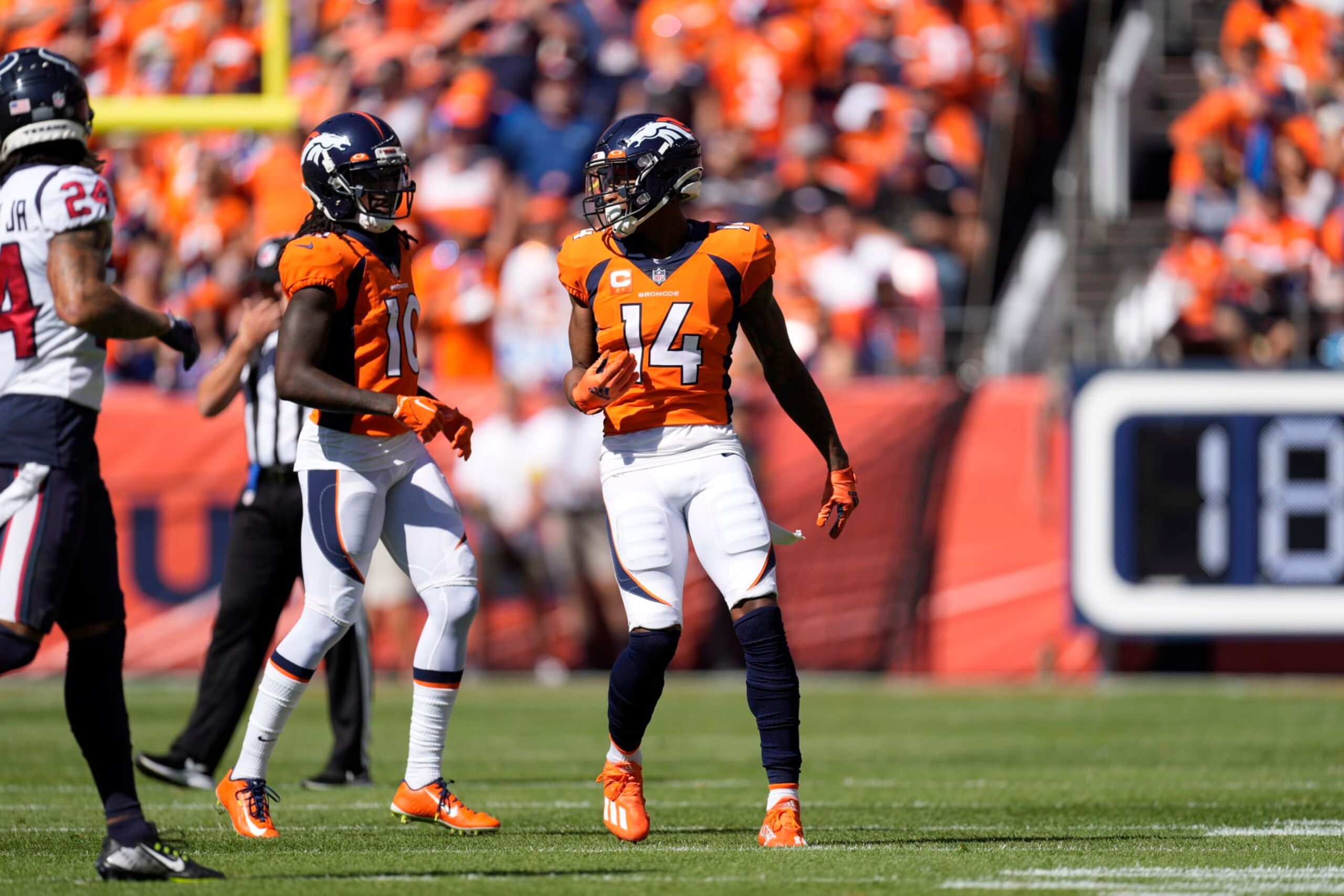 Denver Broncos wide receiver Jerry Jeudy (10) nand Denver Broncos wide receiver Courtland Sutton (14) during an NFL football game Sunday, Sept. 18, 2022, in Denver. (AP Photo/David Zalubowski)