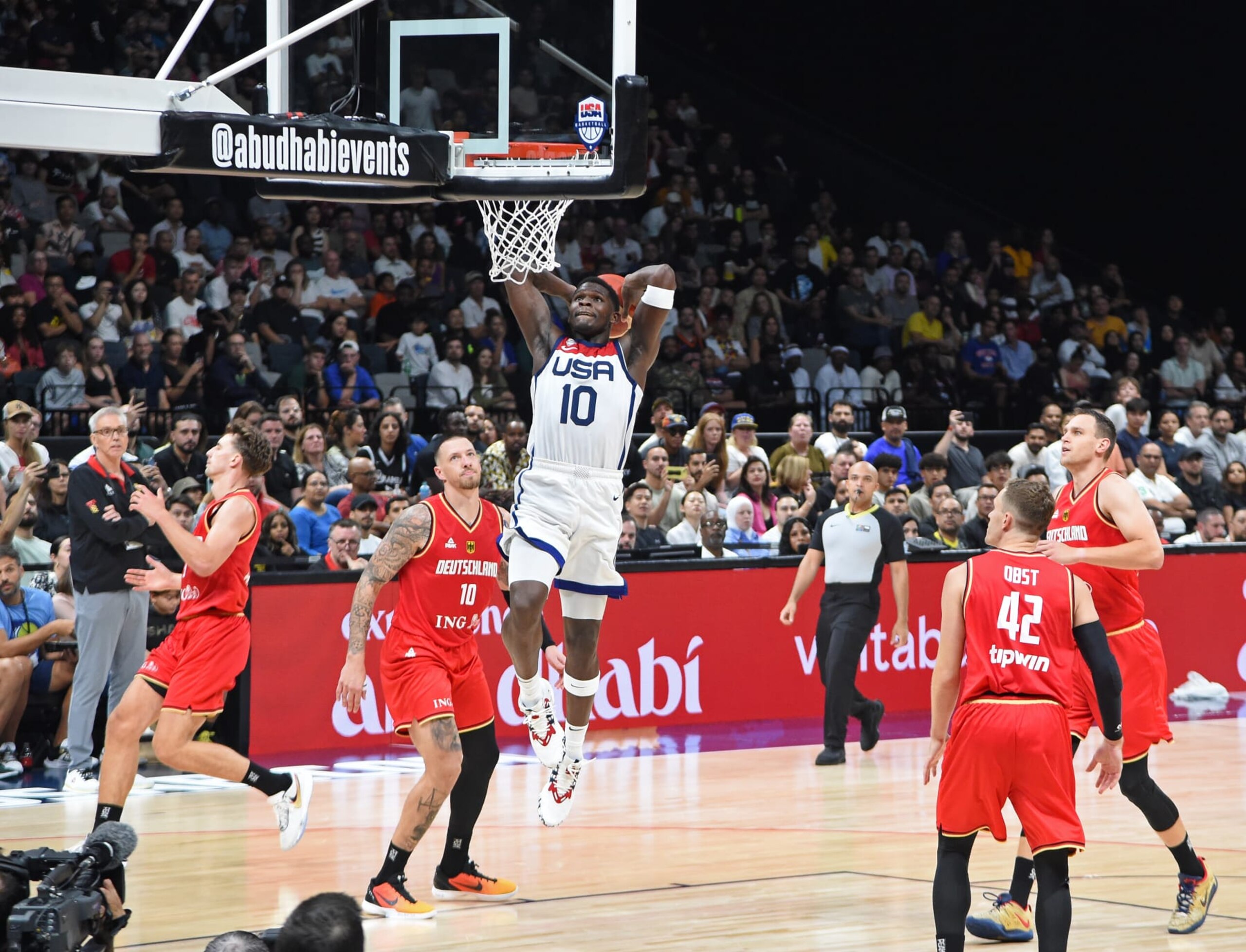 ABU DHABI, UAE - AUGUST 20: Anthony Edwards of the USA Senior Men's National Team dunks the ball during the game against Germany as part of 2023 FIBA World Cup at Etihad Arena on August 20, 2023 in Abu Dhabi, The United Arab Emirates. NOTE TO USER: User expressly acknowledges and agrees that, by downloading and/or using this Photograph, user is consenting to the terms and conditions of the Getty Images License Agreement. Mandatory Copyright Notice: Copyright 2023 NBAE (Photo by Juan Ocampo/NBAE via Getty Images)