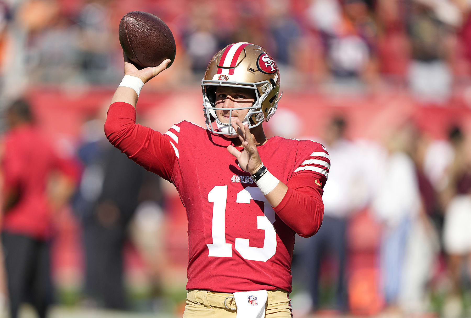 SANTA CLARA, CALIFORNIA - AUGUST Brock Purdy #13 of the San Francisco 49ers warms up during pregame warm ups prior to playing the Denver Broncos at Levi's Stadium on August 19, 2023 in Santa Clara, California. (Photo by Thearon W. Henderson/Getty Images)