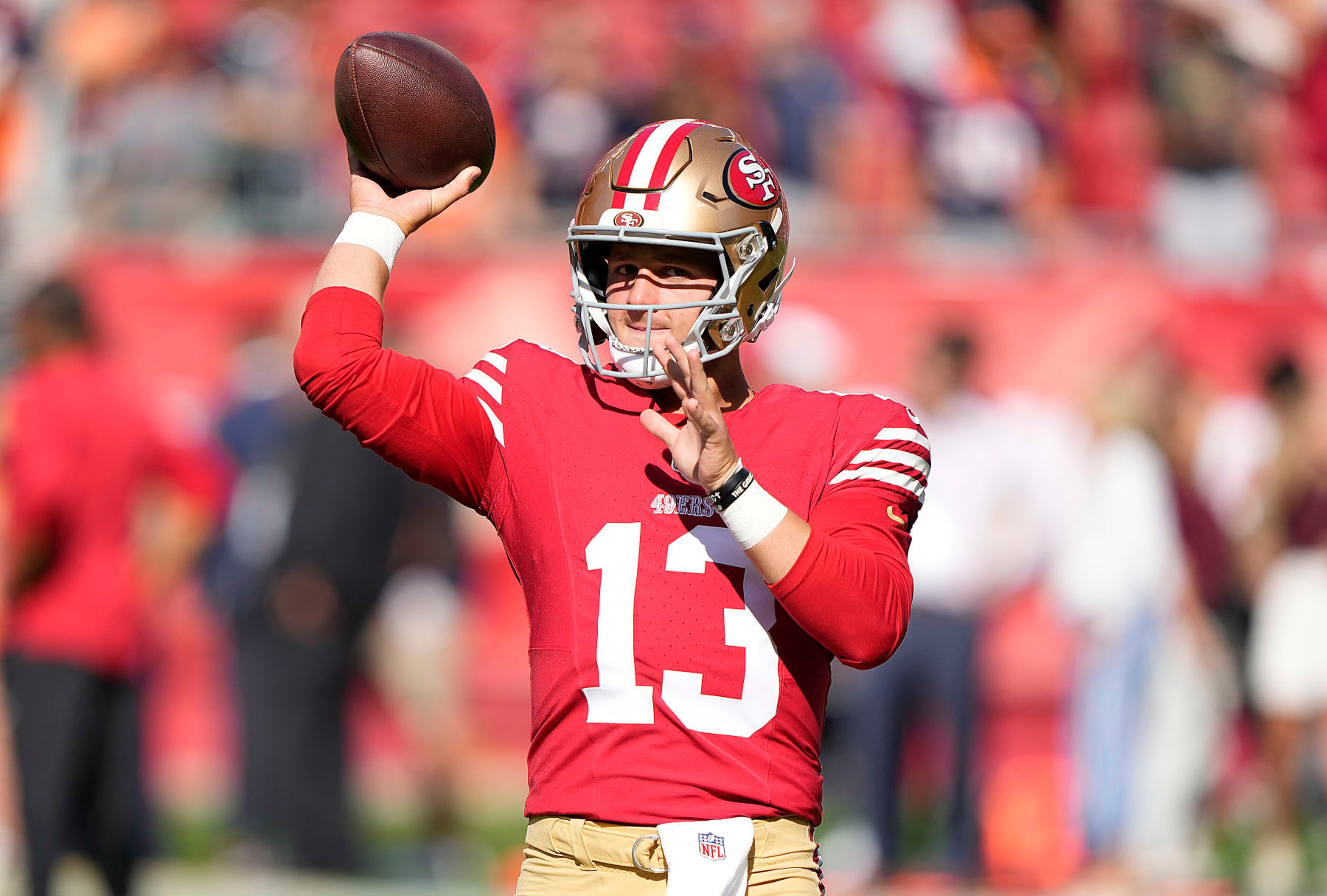 SANTA CLARA, CALIFORNIA - AUGUST Brock Purdy #13 of the San Francisco 49ers warms up during pregame warm ups prior to playing the Denver Broncos at Levi's Stadium on August 19, 2023 in Santa Clara, California. (Photo by Thearon W. Henderson/Getty Images)