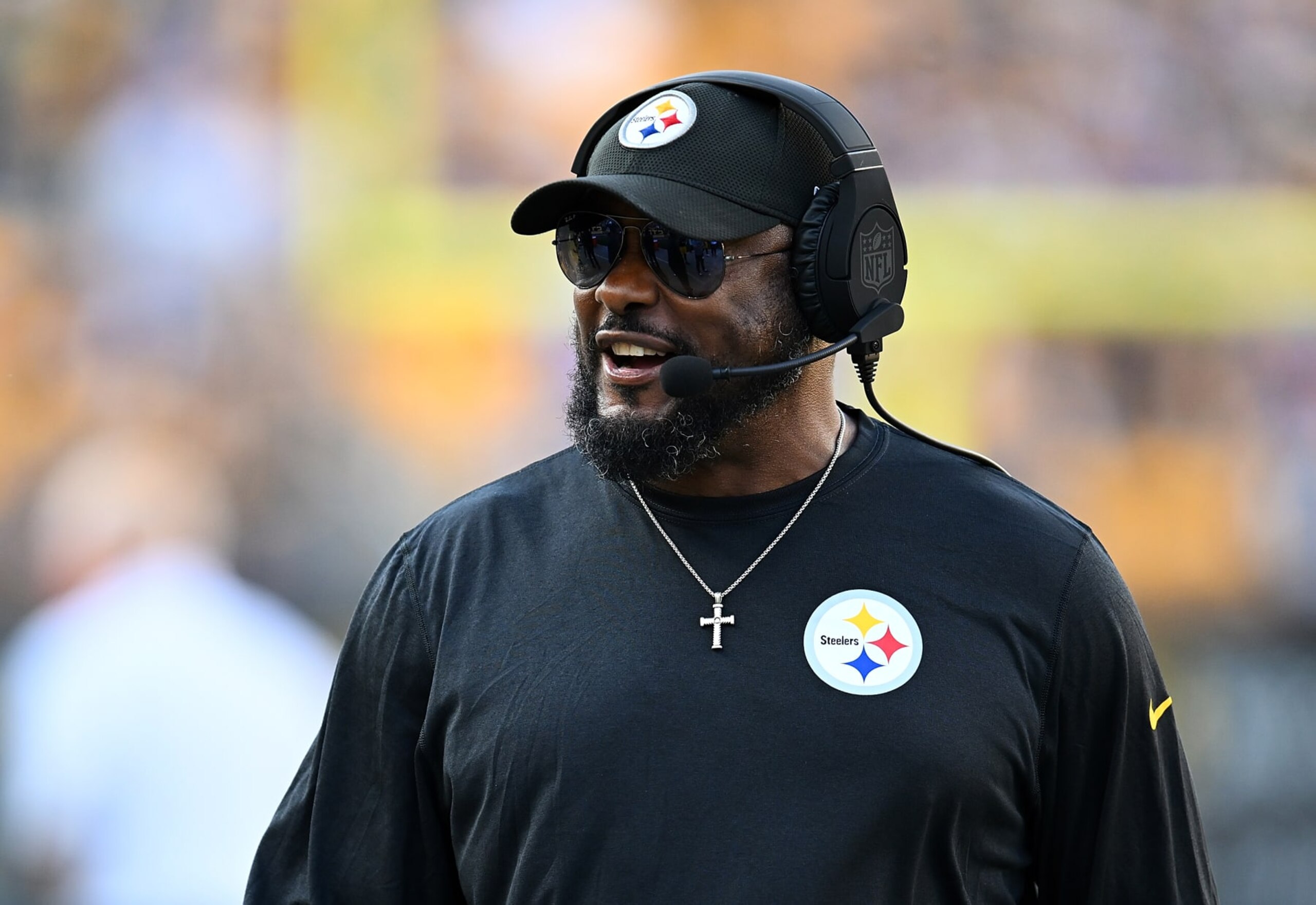 PITTSBURGH, PENNSYLVANIA - AUGUST 19:  Head coach Mike Tomlin of the Pittsburgh Steelers looks on during the first quarter of a preseason game against the Buffalo Bills at Acrisure Stadium on August 19, 2023 in Pittsburgh, Pennsylvania. (Photo by Joe Sargent/Getty Images)