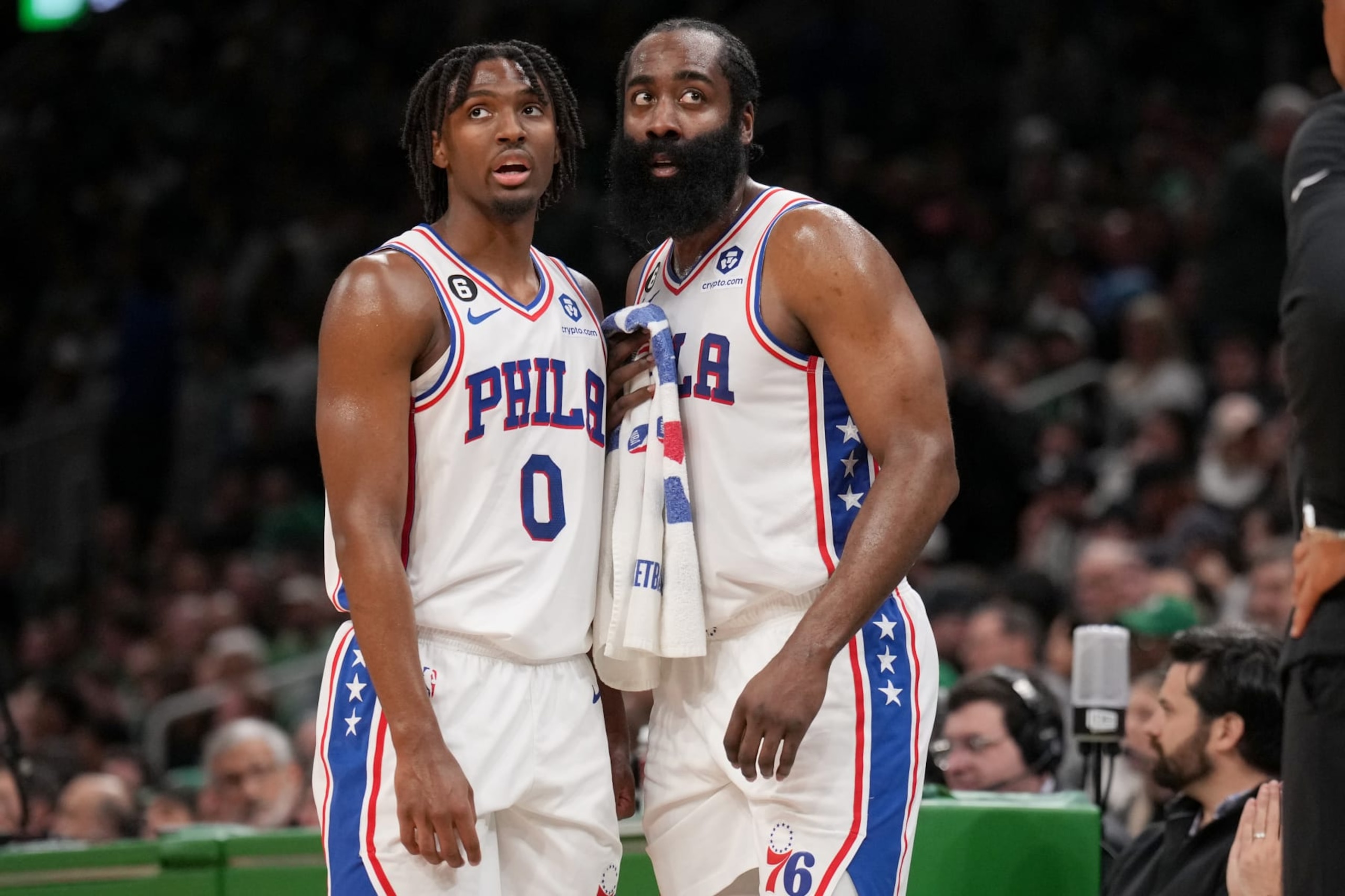 BOSTON, MA - MAY 9: Tyrese Maxey #0 of the Philadelphia 76ers talks with James Harden #1 of the Philadelphia 76ers during the game against the Boston Celtics during Game 5 of the 2023 NBA Playoffs Eastern Conference semi-finals on May 9, 2023 at the TD Garden in Boston, Massachusetts. NOTE TO USER: User expressly acknowledges and agrees that, by downloading and or using this photograph, User is consenting to the terms and conditions of the Getty Images License Agreement. Mandatory Copyright Notice: Copyright 2023 NBAE (Photo by Jesse D. Garrabrant/NBAE via Getty Images) BOSTON, MA - MAY 9: Tyrese Maxey #0 of the Philadelphia 76ers talks with James Harden #1 of the Philadelphia 76ers during the game against the Boston Celtics during Game 5 of the 2023 NBA Playoffs Eastern Conference semi-finals on May 9, 2023 at the TD Garden in Boston, Massachusetts. NOTE TO USER: User expressly acknowledges and agrees that, by downloading and or using this photograph, User is consenting to the terms and conditions of the Getty Images License Agreement. Mandatory Copyright Notice: Copyright 2023 NBAE (Photo by Jesse D. Garrabrant/NBAE via Getty Images)