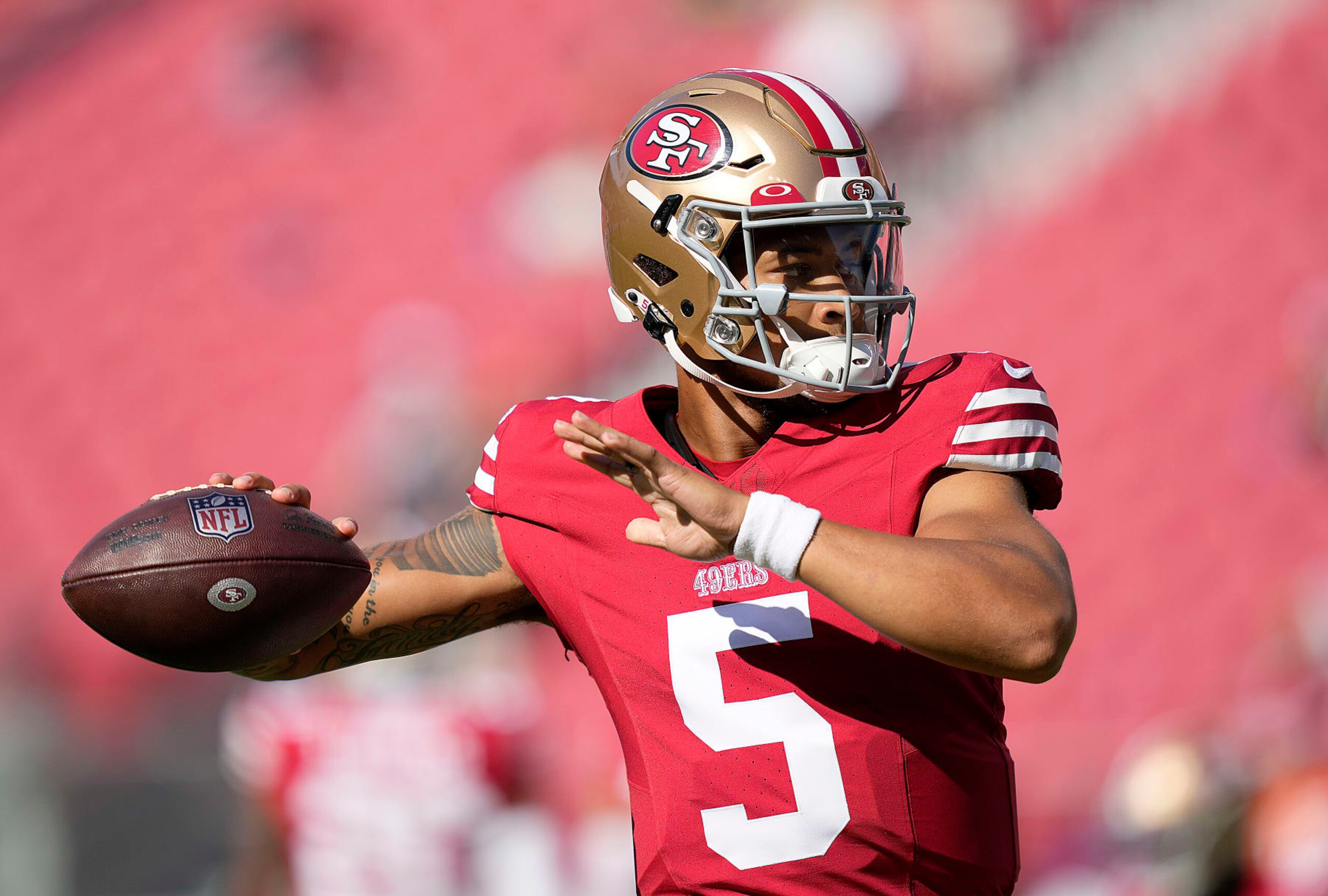 SANTA CLARA, CALIFORNIA - AUGUST 19: Trey Lance #5 of the San Francisco 49ers warms up during pregame warm ups prior to playing the Denver Broncos at Levi's Stadium on August 19, 2023 in Santa Clara, California. (Photo by Thearon W. Henderson/Getty Images)