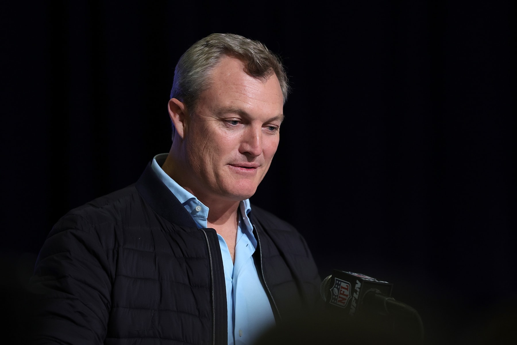 INDIANAPOLIS, INDIANA - FEBRUARY 28: General manager John Lynch of the San Francisco 49ers speaks to the media during the NFL Combine at the Indiana Convention Center on February 28, 2023 in Indianapolis, Indiana. (Photo by Stacy Revere/Getty Images)