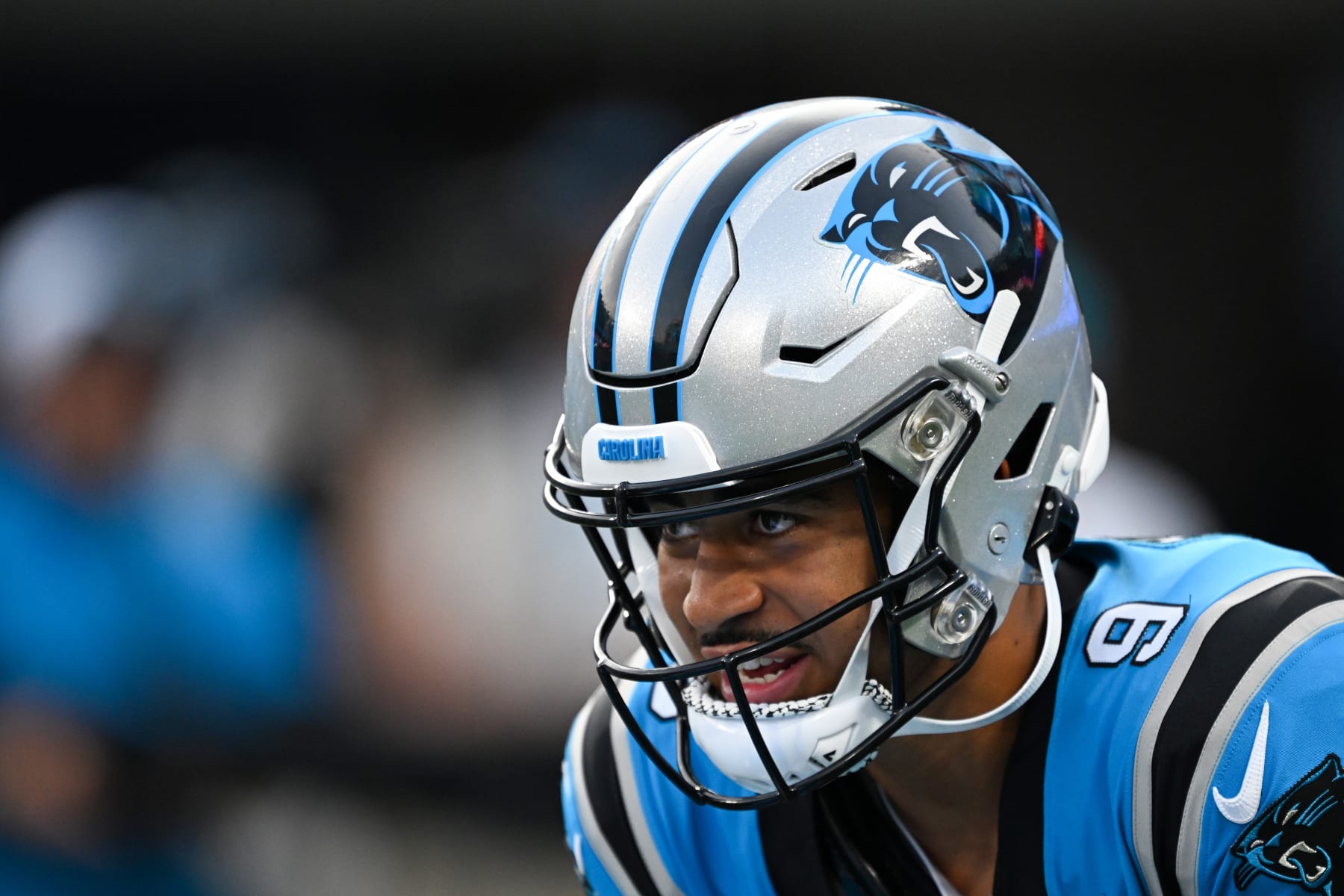 CHARLOTTE, NORTH CAROLINA - AUGUST 25: Bryce Young #9 of the Carolina Panthers warms up during a preseason game against the Detroit Lions at Bank of America Stadium on August 25, 2023 in Charlotte, North Carolina. (Photo by Grant Halverson/Getty Images)