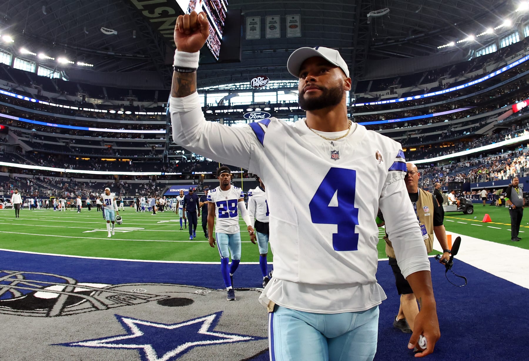 ARLINGTON, TEXAS - AUGUST 12: Dak Prescott #4 of the Dallas Cowboys gestures to fans as he leaves the field after the loss to Jacksonville Jaguars in a preseason game at AT&T Stadium on August 12, 2023 in Arlington, Texas. (Photo by Richard Rodriguez/Getty Images)