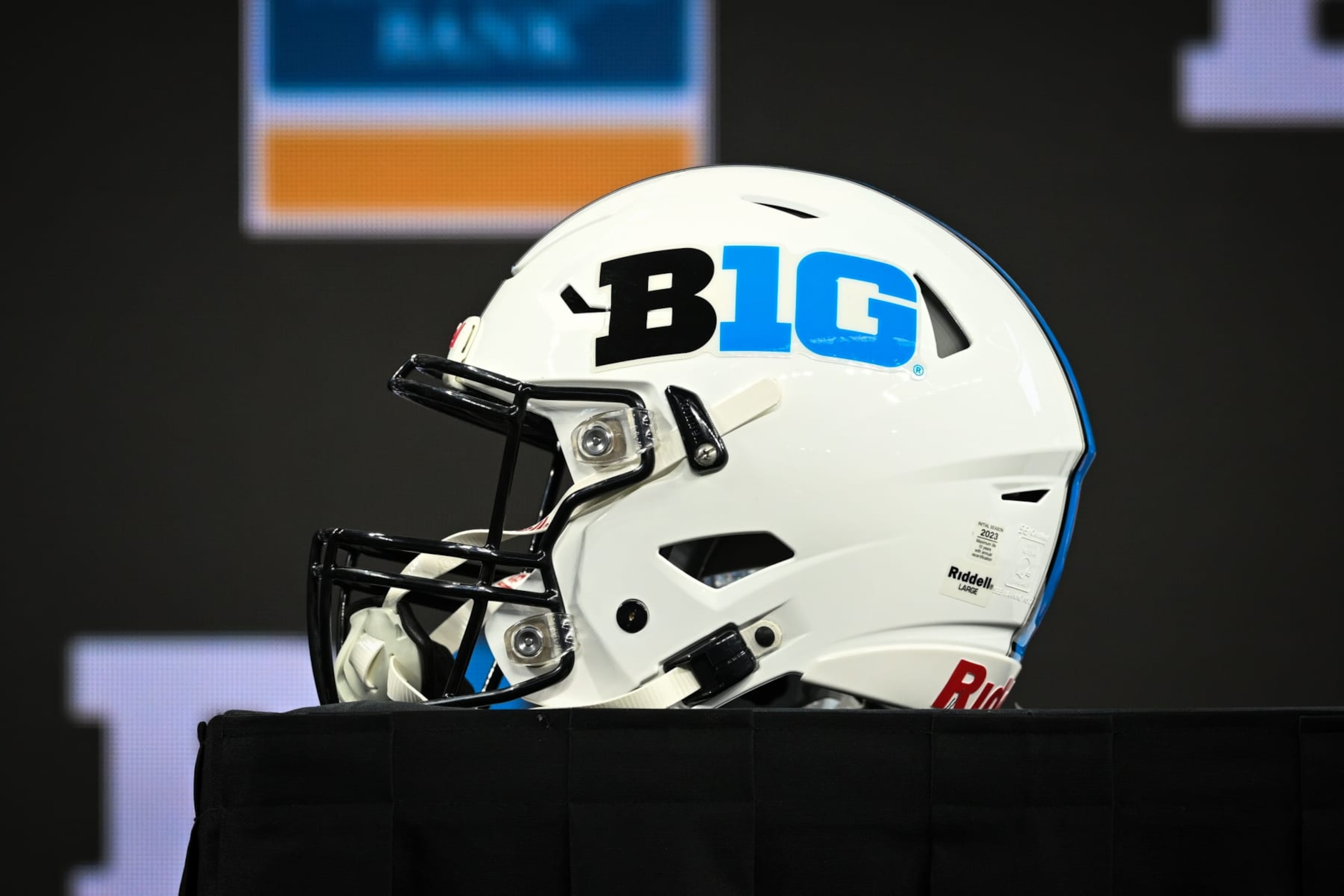 INDIANAPOLIS, IN - JULY 26: The Big Ten logo on a helmet during the Big Ten Conference Media Days on July 26, 2023 at Lucas Oil Stadium in Indianapolis, IN (Photo by James Black/Icon Sportswire via Getty Images)