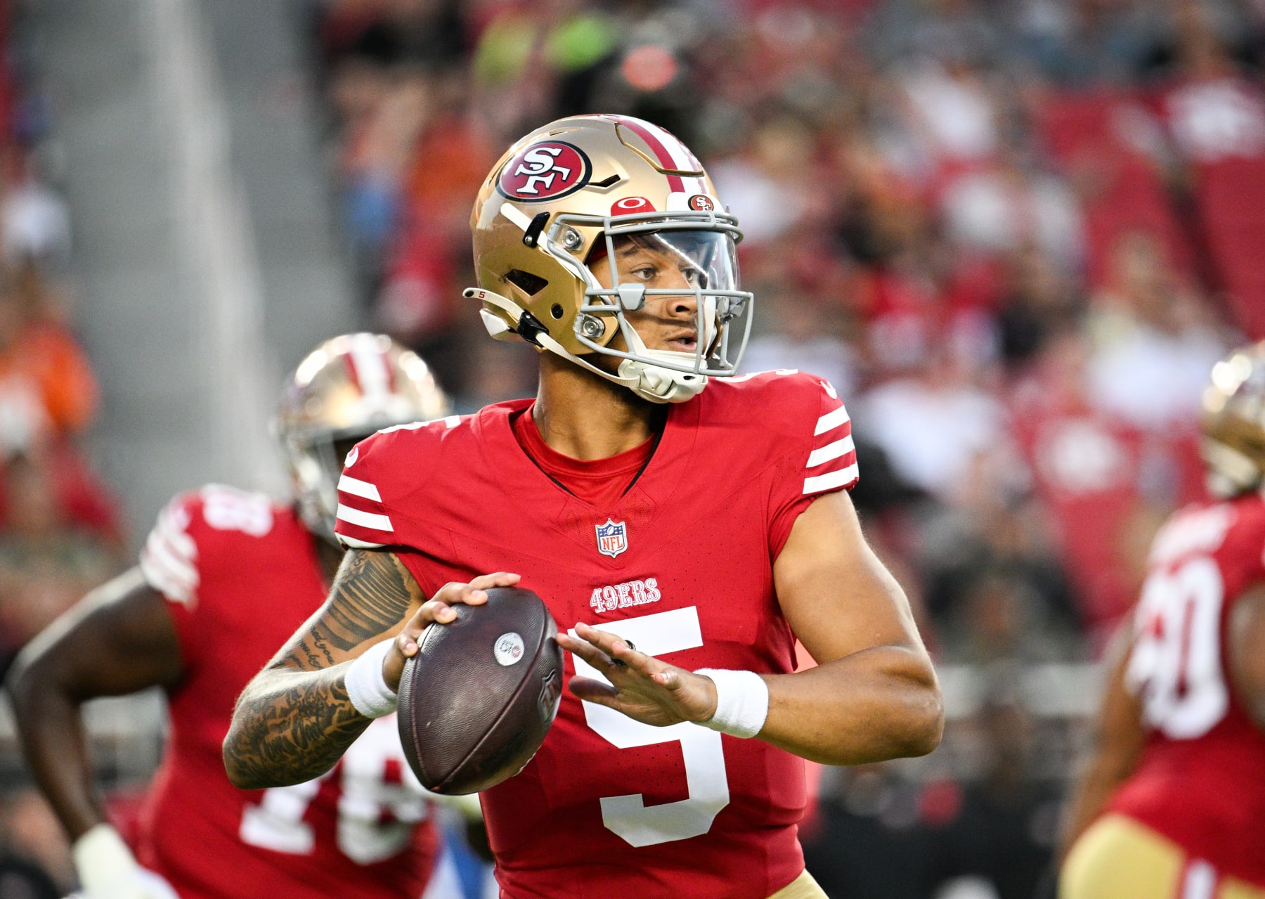 SANTA CLARA, CALIFORNIA - AUGUST 19: Trey Lance #5 of the San Francisco 49ers looks to pass during the second half of a preseason game against the Denver Broncos at Levi's Stadium on August 19, 2023 in Santa Clara, California. (Photo by Loren Elliott/Getty Images)