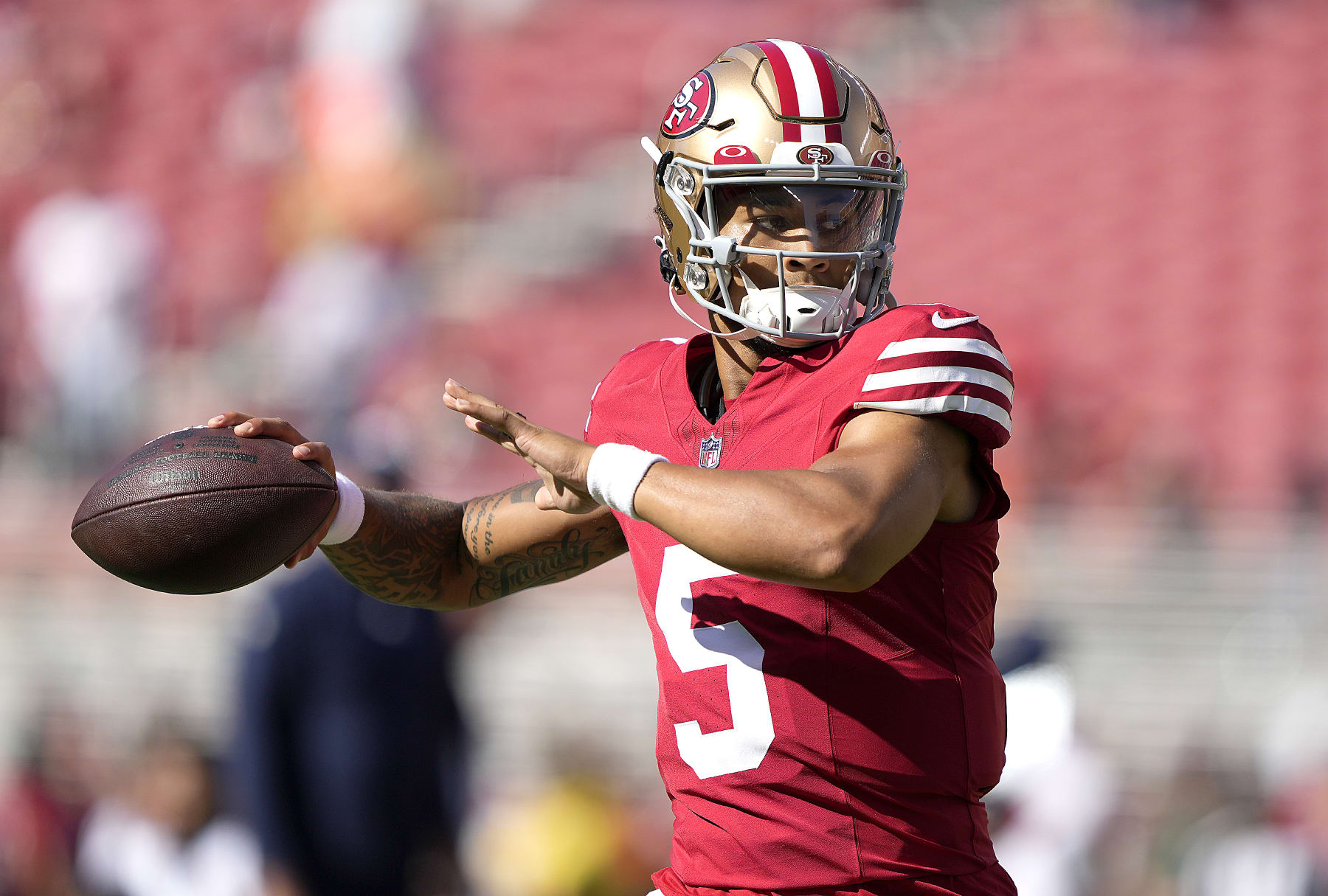 SANTA CLARA, CALIFORNIA - AUGUST 19: Trey Lance #5 of the San Francisco 49ers warms up during pregame warm ups prior to playing the Denver Broncos at Levi's Stadium on August 19, 2023 in Santa Clara, California. (Photo by Thearon W. Henderson/Getty Images)