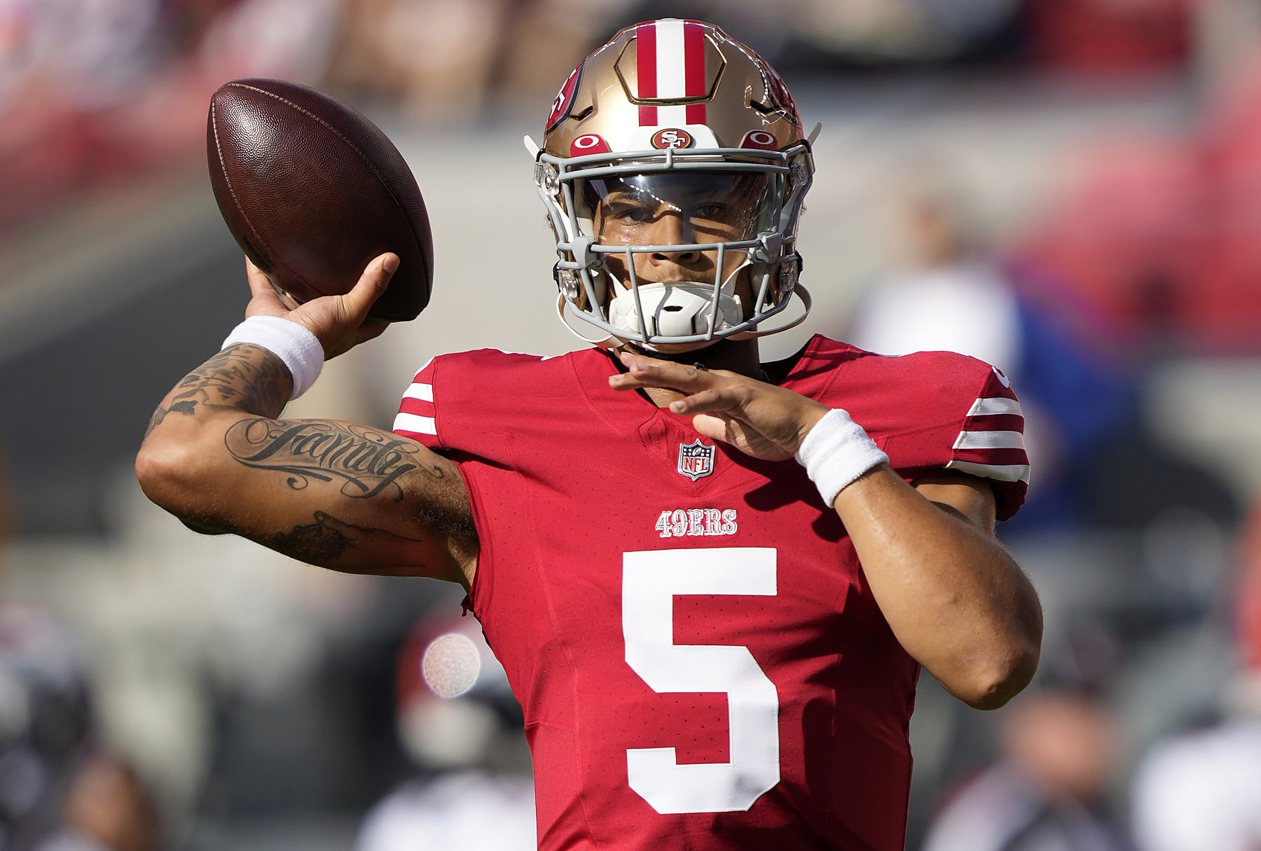 SANTA CLARA, CALIFORNIA - AUGUST 19: Trey Lance #5 of the San Francisco 49ers warms up during pregame warm ups prior to playing the Denver Broncos at Levi's Stadium on August 19, 2023 in Santa Clara, California. (Photo by Thearon W. Henderson/Getty Images)