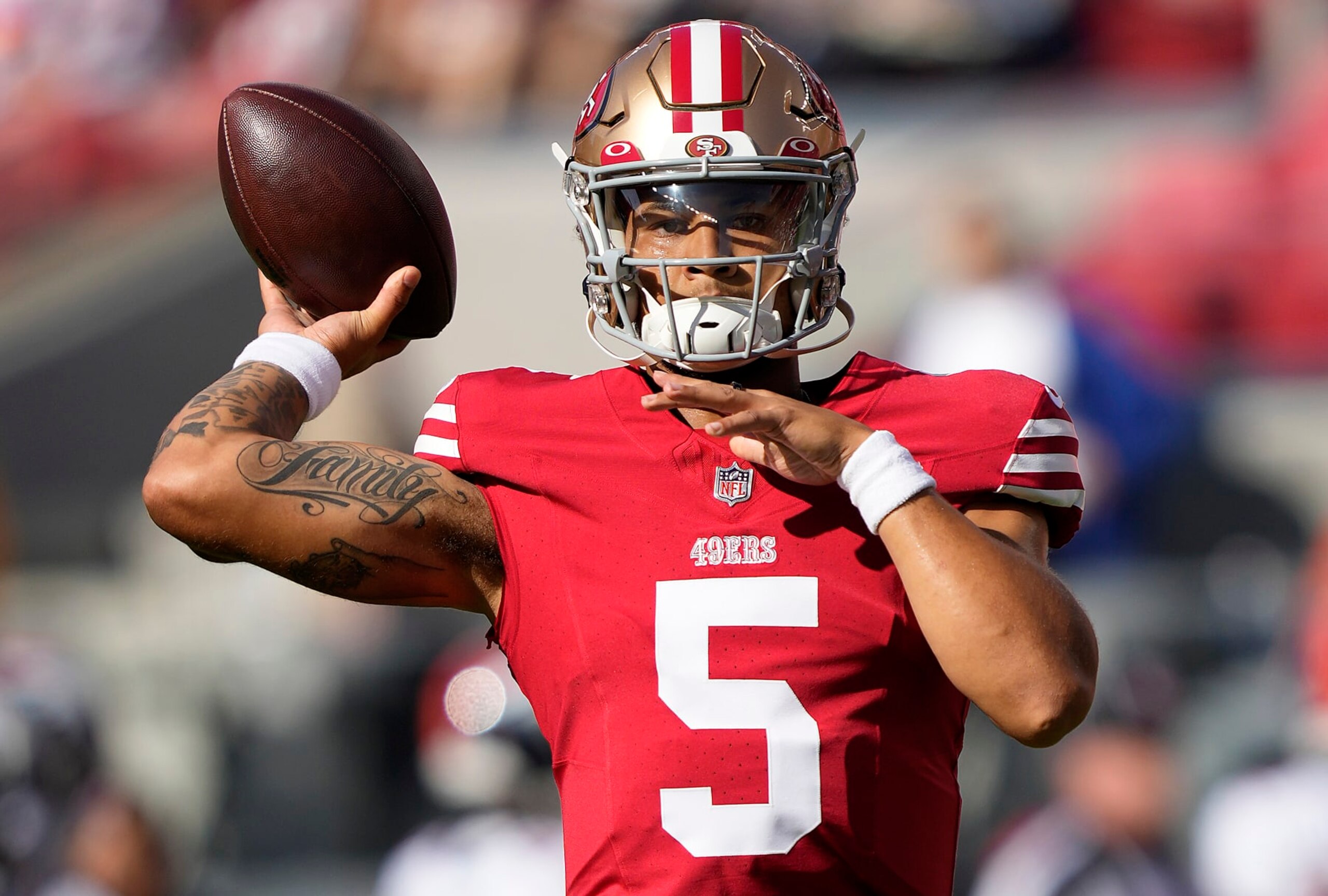SANTA CLARA, CALIFORNIA - AUGUST 19: Trey Lance #5 of the San Francisco 49ers warms up during pregame warm ups prior to playing the Denver Broncos at Levi's Stadium on August 19, 2023 in Santa Clara, California. (Photo by Thearon W. Henderson/Getty Images) SANTA CLARA, CALIFORNIA - AUGUST 19: Trey Lance #5 of the San Francisco 49ers warms up during pregame warm ups prior to playing the Denver Broncos at Levi's Stadium on August 19, 2023 in Santa Clara, California. (Photo by Thearon W. Henderson/Getty Images)