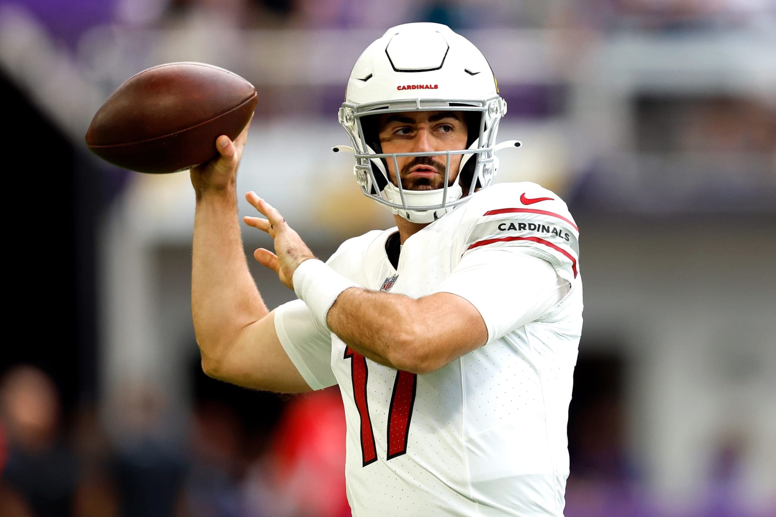 MINNEAPOLIS, MINNESOTA - AUGUST 26: David Blough #17 of the Arizona Cardinals warms up prior to the start of a preseason game against the Minnesota Vikings at U.S. Bank Stadium on August 26, 2023 in Minneapolis, Minnesota. (Photo by David Berding/Getty Images)