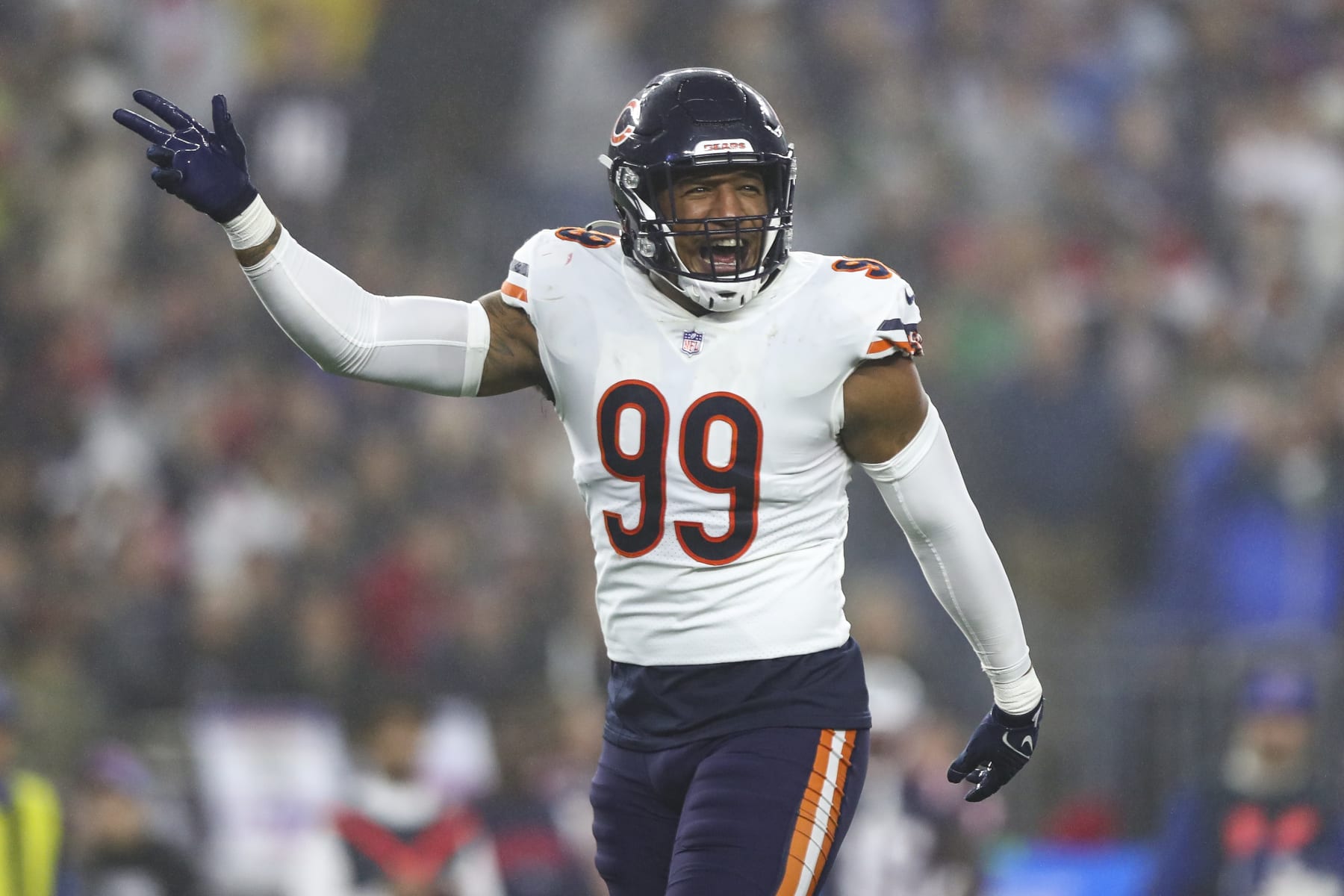 FOXBOROUGH, MA - OCTOBER 24: Trevis Gipson #99 of the Chicago Bears celebrates after a fumble recovery during an NFL football game against the New England Patriots at Gillette Stadium on October 24, 2022 in Foxborough, Massachusetts. (Photo by Kevin Sabitus/Getty Images)