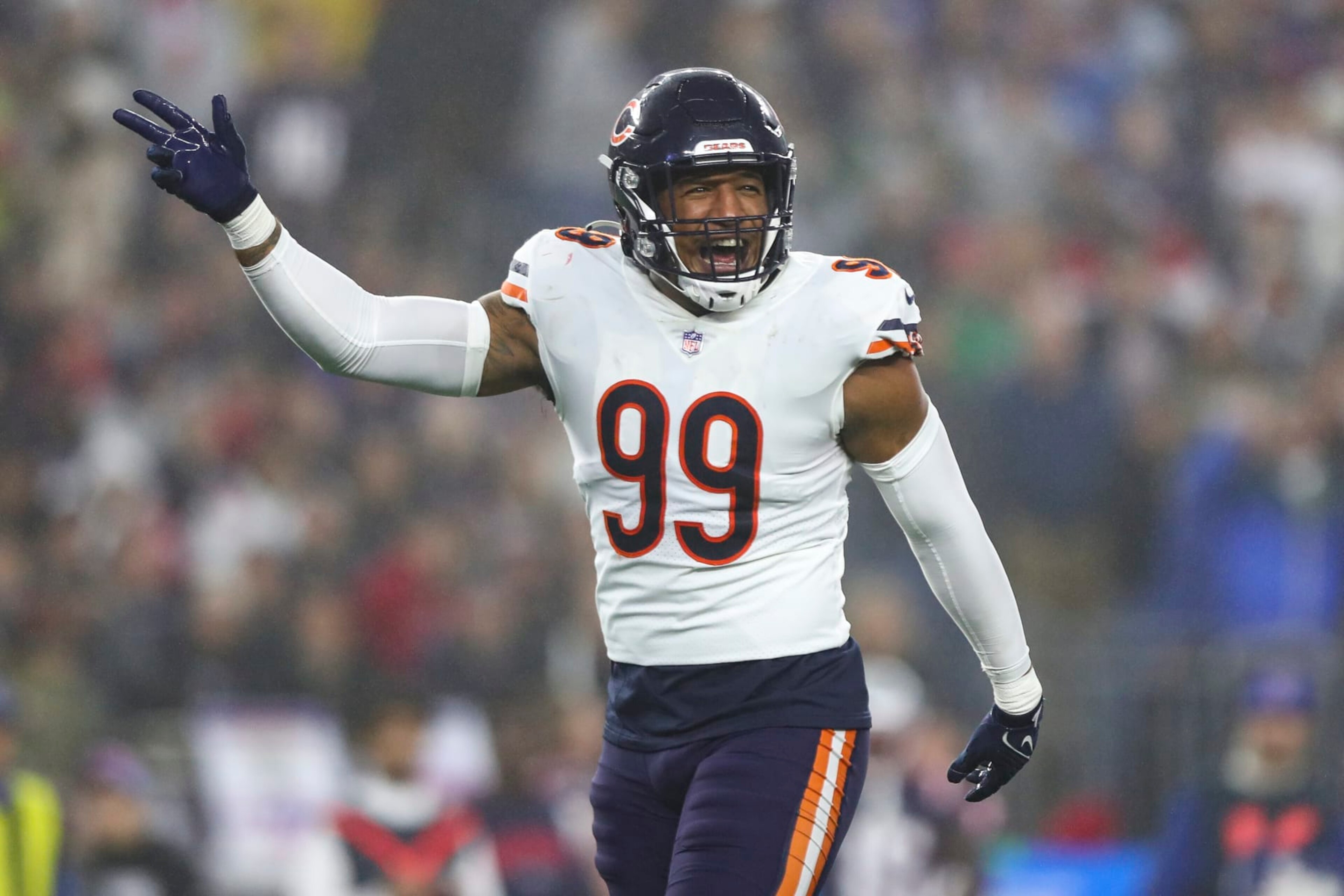 FOXBOROUGH, MA - OCTOBER 24: Trevis Gipson #99 of the Chicago Bears celebrates after a fumble recovery during an NFL football game against the New England Patriots at Gillette Stadium on October 24, 2022 in Foxborough, Massachusetts. (Photo by Kevin Sabitus/Getty Images) FOXBOROUGH, MA - OCTOBER 24: Trevis Gipson #99 of the Chicago Bears celebrates after a fumble recovery during an NFL football game against the New England Patriots at Gillette Stadium on October 24, 2022 in Foxborough, Massachusetts. (Photo by Kevin Sabitus/Getty Images)