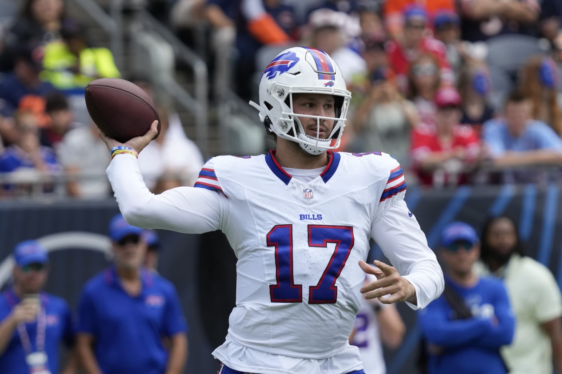 Buffalo Bills quarterback Josh Allen throws during the first half of an NFL preseason football game against the Chicago Bears, Saturday, Aug. 26, 2023, in Chicago. (AP Photo/Nam Y. Huh)