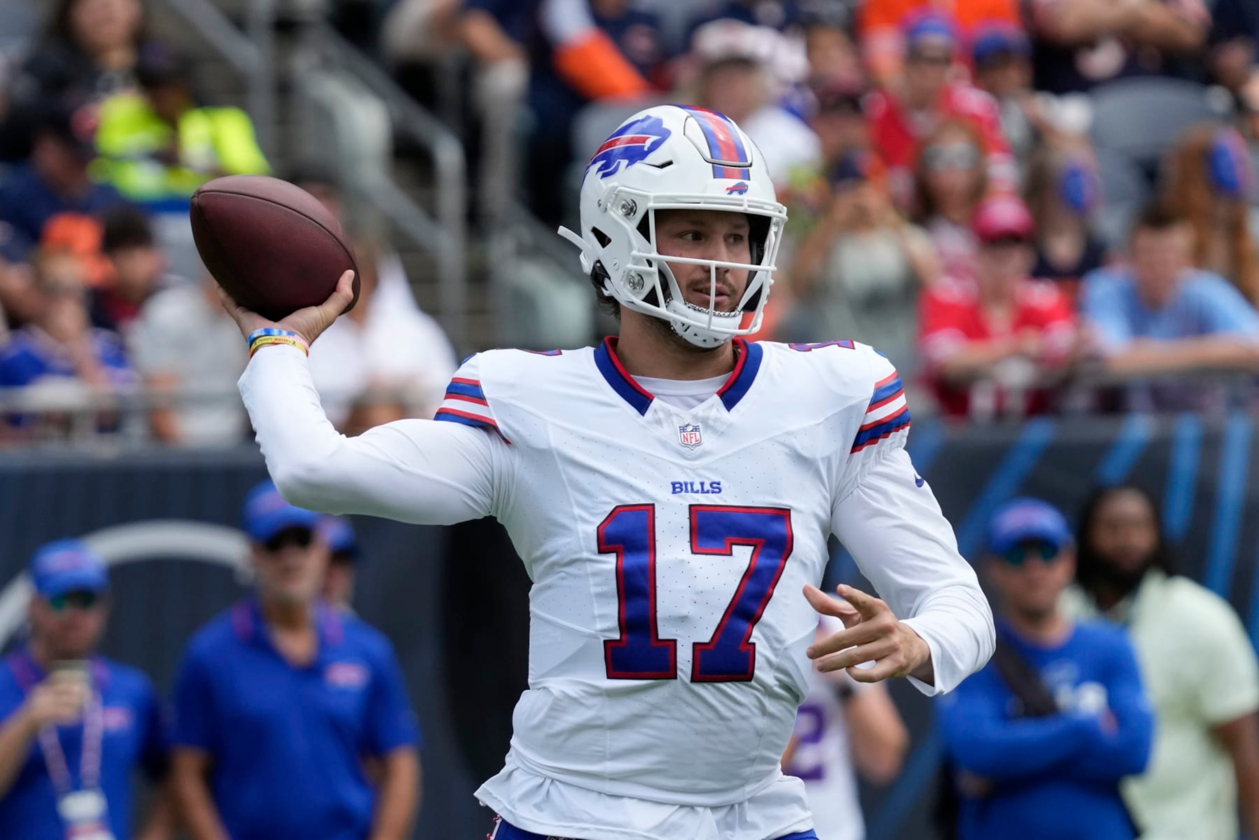 Buffalo Bills quarterback Josh Allen throws during the first half of an NFL preseason football game against the Chicago Bears, Saturday, Aug. 26, 2023, in Chicago. (AP Photo/Nam Y. Huh)