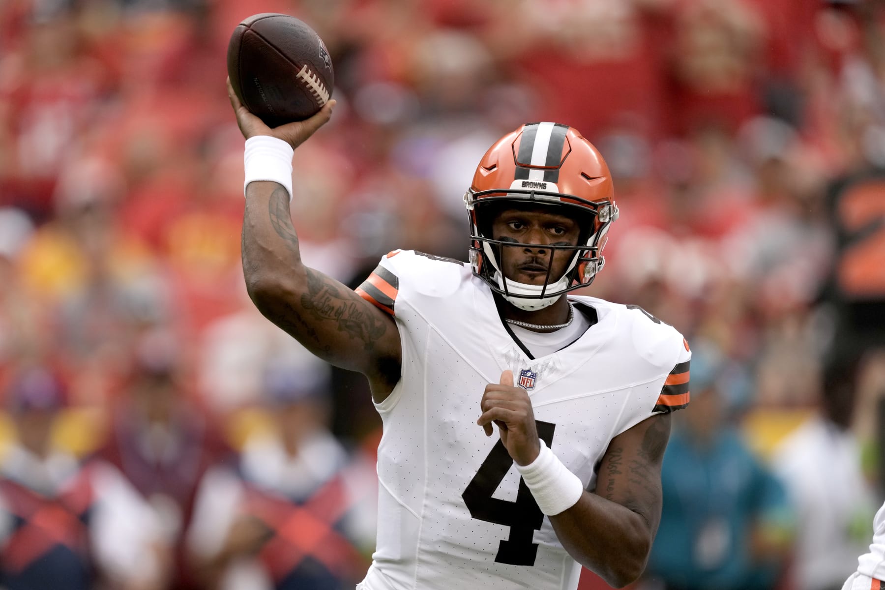 Cleveland Browns quarterback Deshaun Watson throws during the first half of an NFL preseason football game against the Kansas City Chiefs Saturday, Aug. 26, 2023, in Kansas City, Mo. (AP Photo/Charlie Riedel)