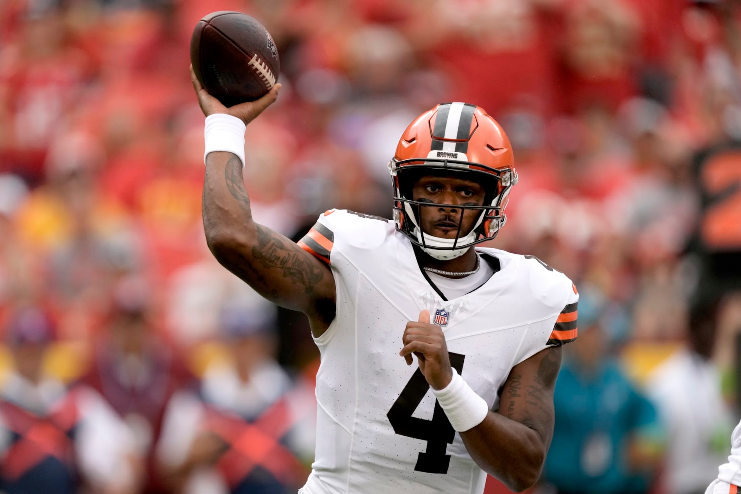 Cleveland Browns quarterback Deshaun Watson throws during the first half of an NFL preseason football game against the Kansas City Chiefs Saturday, Aug. 26, 2023, in Kansas City, Mo. (AP Photo/Charlie Riedel)