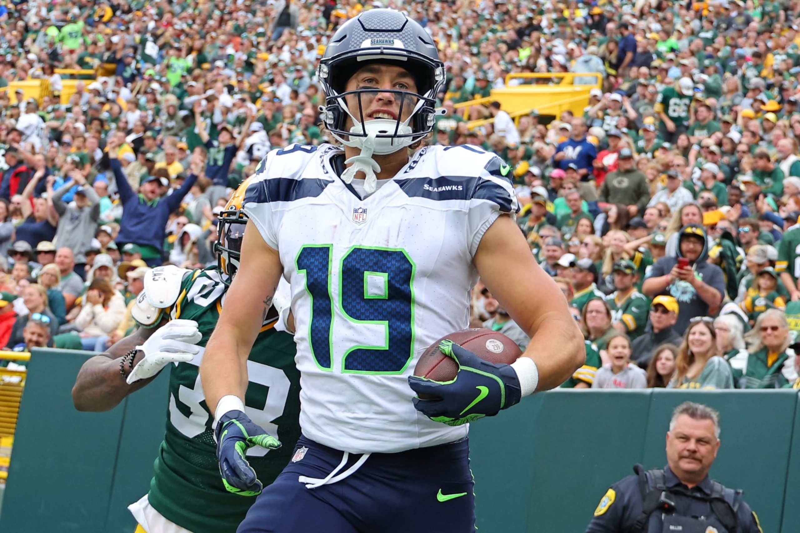 GREEN BAY, WISCONSIN - AUGUST 26: Jake Bobo #19 of the Seattle Seahawks celebrates a touchdown against the Green Bay Packers during the second quarter of a preseason game at Lambeau Field on August 26, 2023 in Green Bay, Wisconsin. (Photo by Stacy Revere/Getty Images)