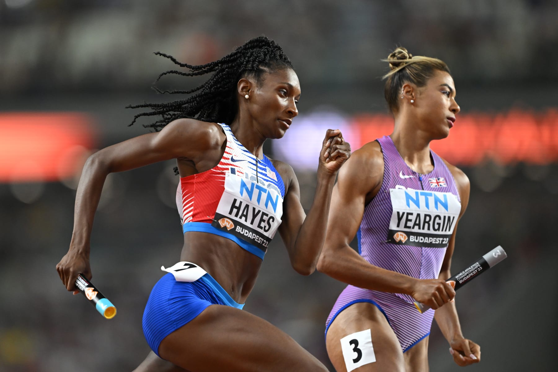 BUDAPEST, HUNGARY - AUGUST 26: Quanera Hayes of  Team United States  competes in the Women's 4x400m Relay Heats during day eight of the World Athletics Championships Budapest 2023 at National Athletics Centre on August 26, 2023 in Budapest, Hungary. (Photo by Shaun Botterill/Getty Images)