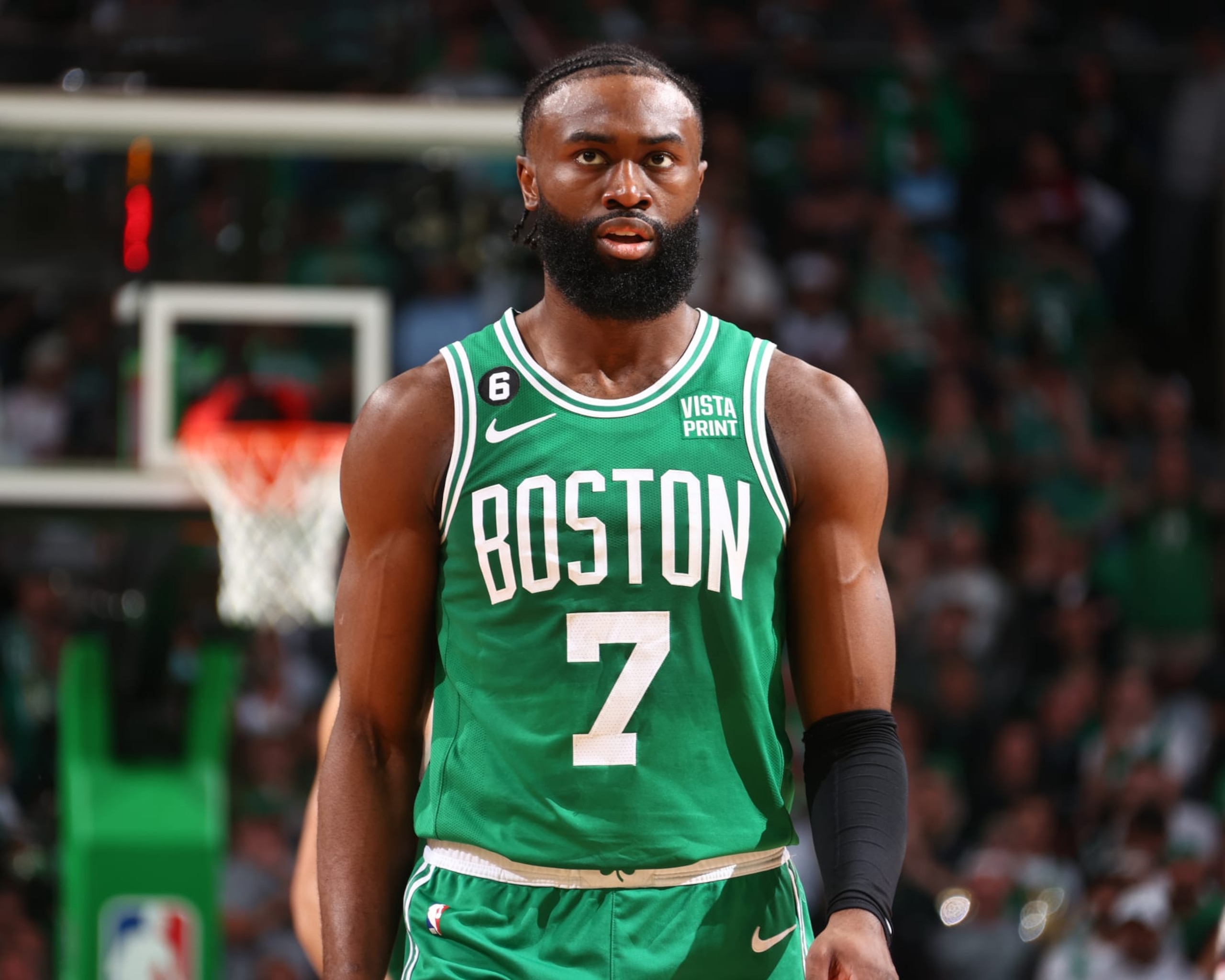 BOSTON, MA - MAY 29: Jaylen Brown #7 of the Boston Celtics looks on during Game Seven of the Eastern Conference Finals against the Miami Heat on May 29, 2023 at the TD Garden in Boston, Massachusetts. NOTE TO USER: User expressly acknowledges and agrees that, by downloading and or using this photograph, User is consenting to the terms and conditions of the Getty Images License Agreement. Mandatory Copyright Notice: Copyright 2023 NBAE (Photo by Nathaniel S. Butler/NBAE via Getty Images) BOSTON, MA - MAY 29: Jaylen Brown #7 of the Boston Celtics looks on during Game Seven of the Eastern Conference Finals against the Miami Heat on May 29, 2023 at the TD Garden in Boston, Massachusetts. NOTE TO USER: User expressly acknowledges and agrees that, by downloading and or using this photograph, User is consenting to the terms and conditions of the Getty Images License Agreement. Mandatory Copyright Notice: Copyright 2023 NBAE (Photo by Nathaniel S. Butler/NBAE via Getty Images)