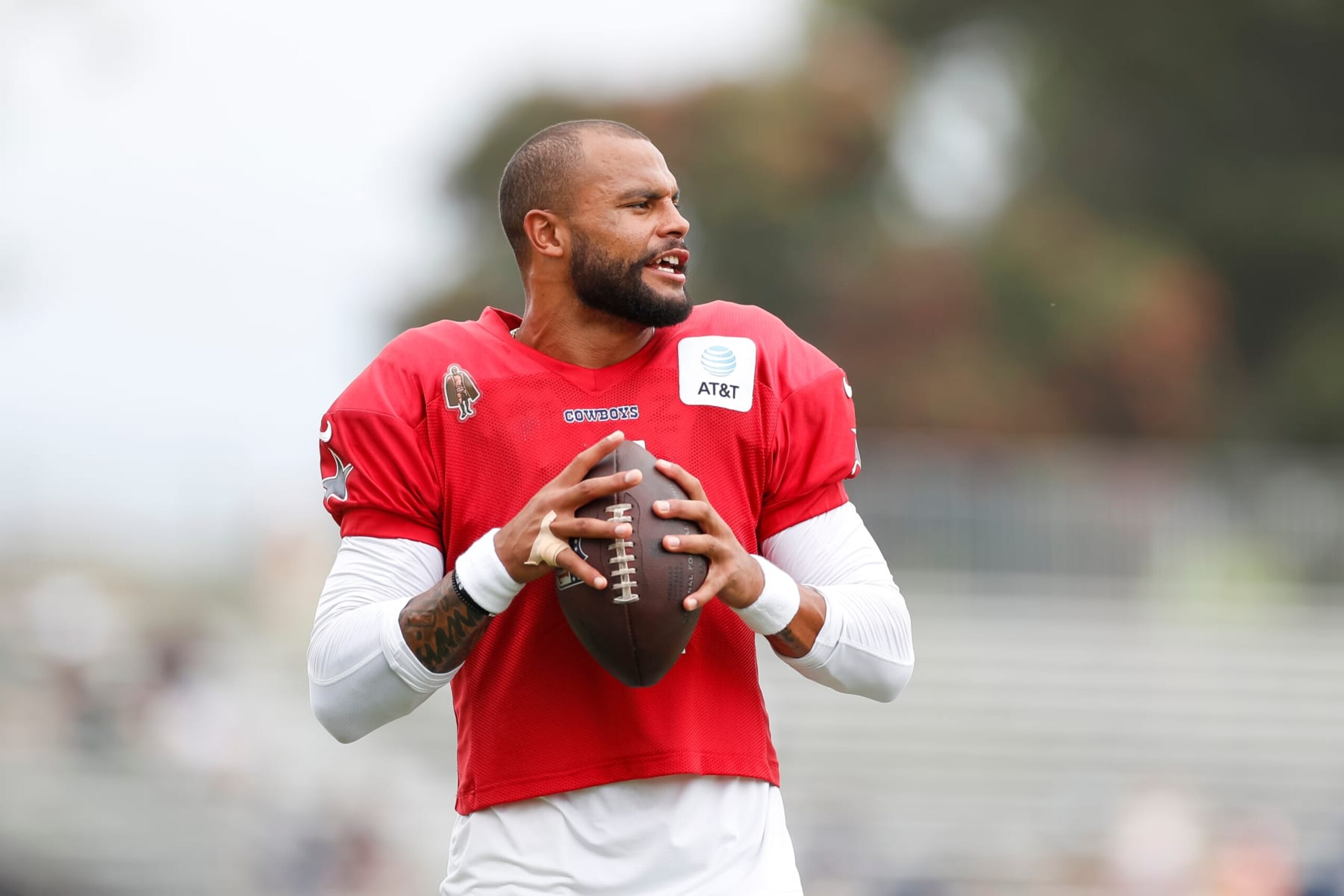 OXNARD, CA - AUGUST 15: Dallas Cowboys quarterback Dak Prescott (4) takes part in a drill during the team's training camp at Marriott Residence Inn at River Ridge on August 15, 2023, in Oxnard, CA. (Photo by Brandon Sloter/Icon Sportswire via Getty Images)