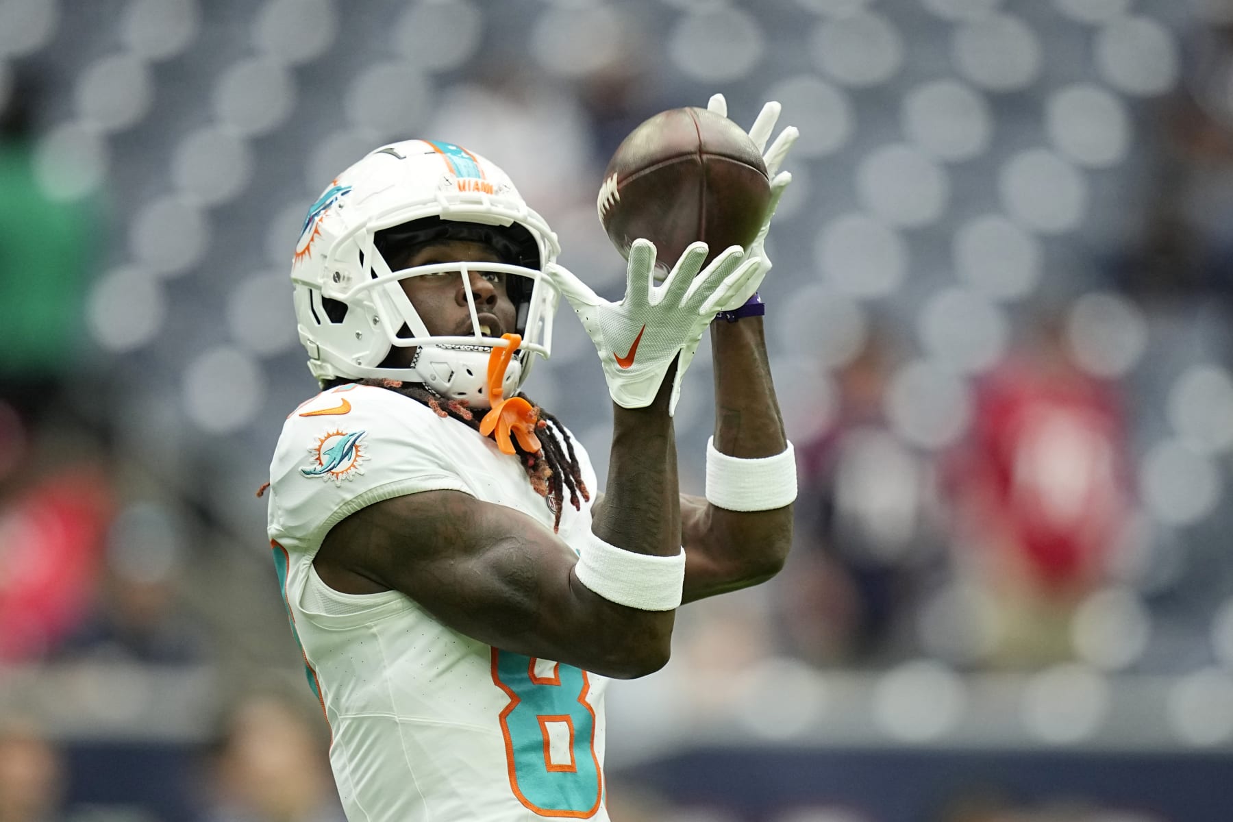 Miami Dolphins wide receiver Daewood Davis (87) prior to an NFL preseason football game Saturday, Aug. 19, 2023, in Houston. (AP Photo/Eric Gay)