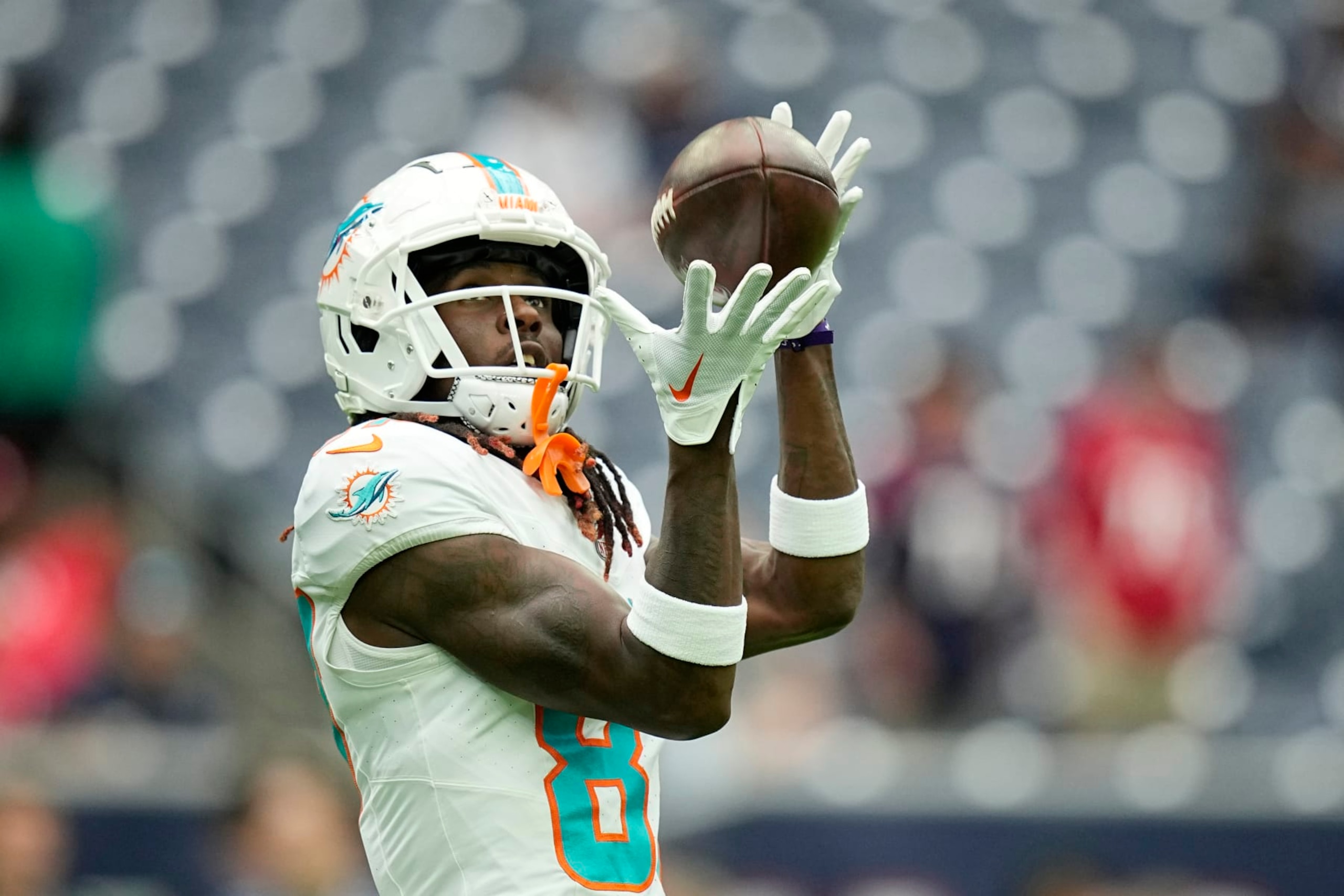 Miami Dolphins wide receiver Daewood Davis (87) prior to an NFL preseason football game Saturday, Aug. 19, 2023, in Houston. (AP Photo/Eric Gay)