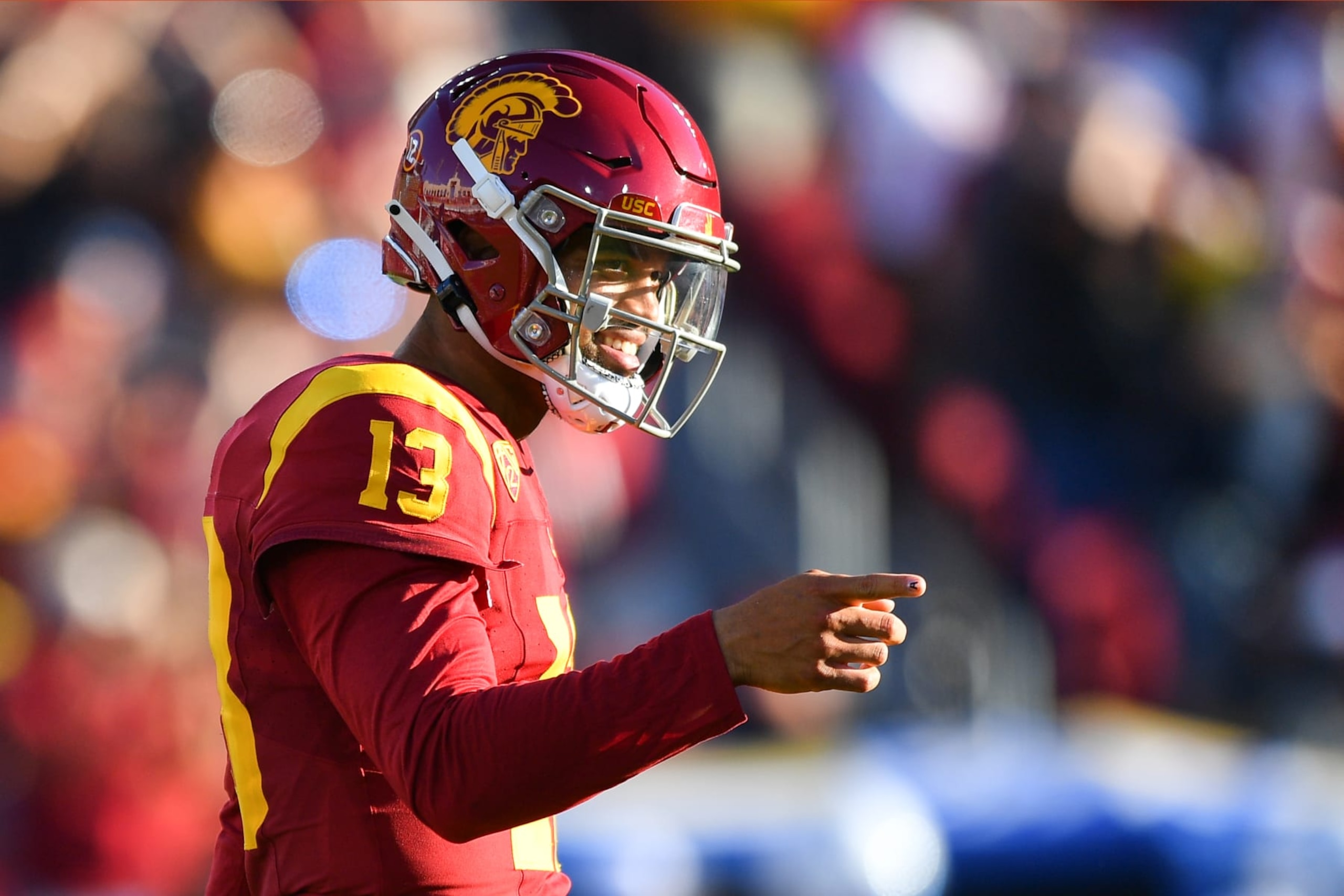 LOS ANGELES, CA - AUGUST 26: USC Trojans quarterback Caleb Williams (13) celebrates after a touchdown pass during a game between the San Jose State Spartans and the USC Trojans on August 26, 2023, at Los Angeles Memorial Coliseum in Los Angeles, CA. (Photo by Brian Rothmuller/Icon Sportswire via Getty Images) LOS ANGELES, CA - AUGUST 26: USC Trojans quarterback Caleb Williams (13) celebrates after a touchdown pass during a game between the San Jose State Spartans and the USC Trojans on August 26, 2023, at Los Angeles Memorial Coliseum in Los Angeles, CA. (Photo by Brian Rothmuller/Icon Sportswire via Getty Images)