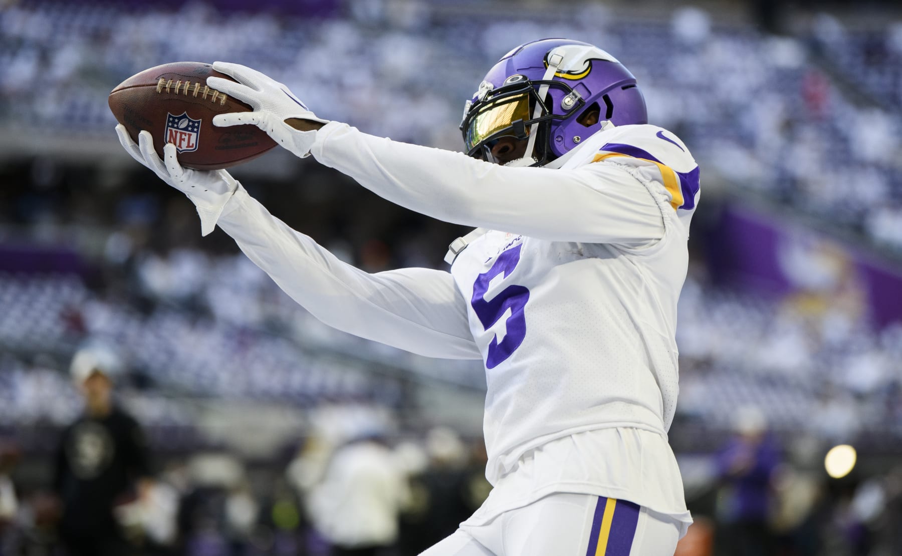 MINNEAPOLIS, MN - DECEMBER 24: Jalen Reagor #5 of the Minnesota Vikings warms up before the game against the New York Giants at U.S. Bank Stadium on December 24, 2022 in Minneapolis, Minnesota. (Photo by Stephen Maturen/Getty Images)