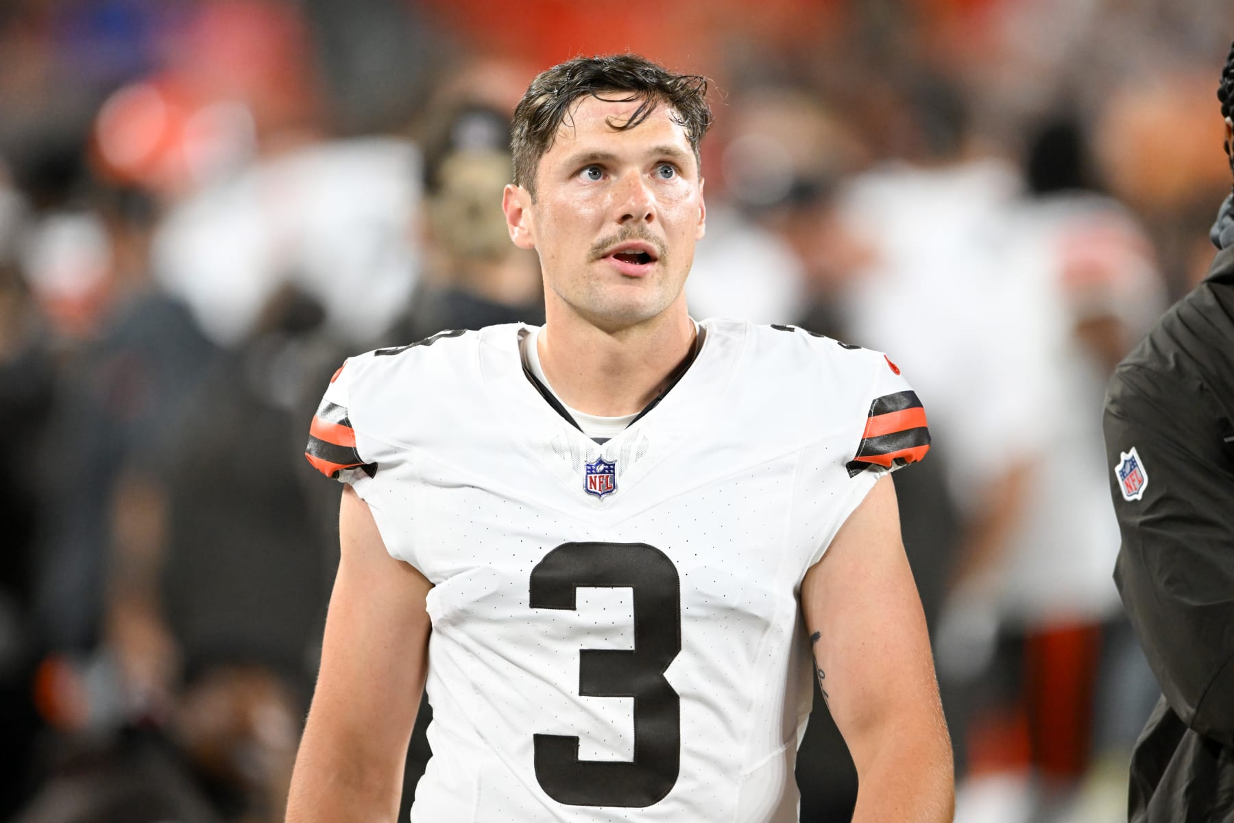 CLEVELAND, OHIO - AUGUST 11: Cade York #3 of the Cleveland Browns looks on during the second half of a preseason game against the Washington Commanders at Cleveland Browns Stadium on August 11, 2023 in Cleveland, Ohio. (Photo by Nick Cammett/Diamond Images via Getty Images)