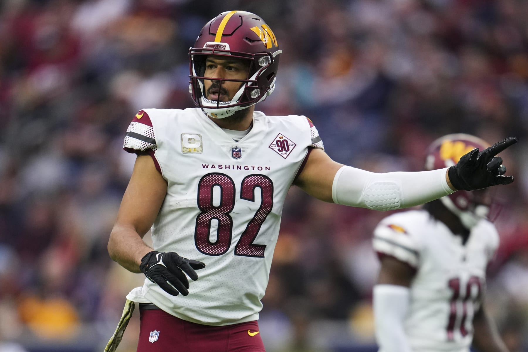 HOUSTON, TX - NOVEMBER 20: Logan Thomas #82 of the Washington Commanders gets set against the Houston Texans at NRG Stadium on November 20, 2022 in Houston, Texas. (Photo by Cooper Neill/Getty Images)