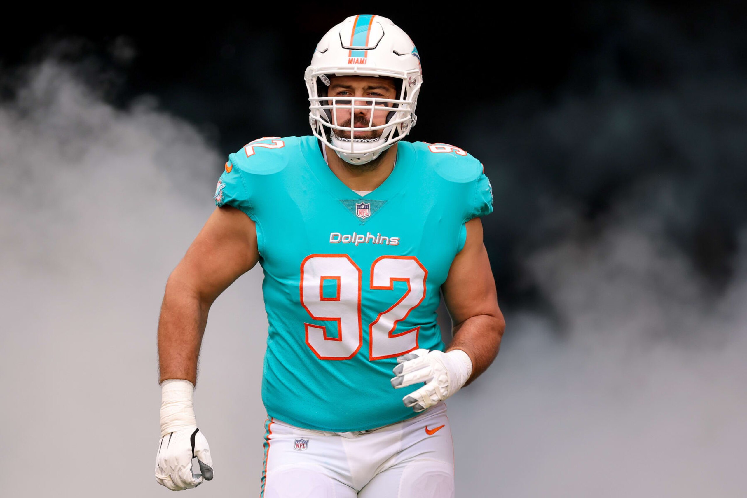 MIAMI GARDENS, FLORIDA - DECEMBER 25: Zach Sieler #92 of the Miami Dolphins is introduced prior to a game against the Green Bay Packers at Hard Rock Stadium on December 25, 2022 in Miami Gardens, Florida. (Photo by Megan Briggs/Getty Images)