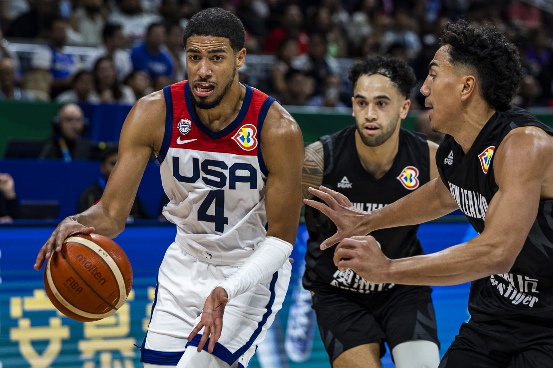 MANILA, PHILIPPINES - AUGUST 26: Tyrese Haliburton #4 of USA competes during the FIBA Basketball World Cup Group C game between United States and New Zealand at Mall of Asia Arena on August 26, 2023 in Pasay, Metro Manila, Philippines. (Photo by Ezra Acayan/Getty Images)