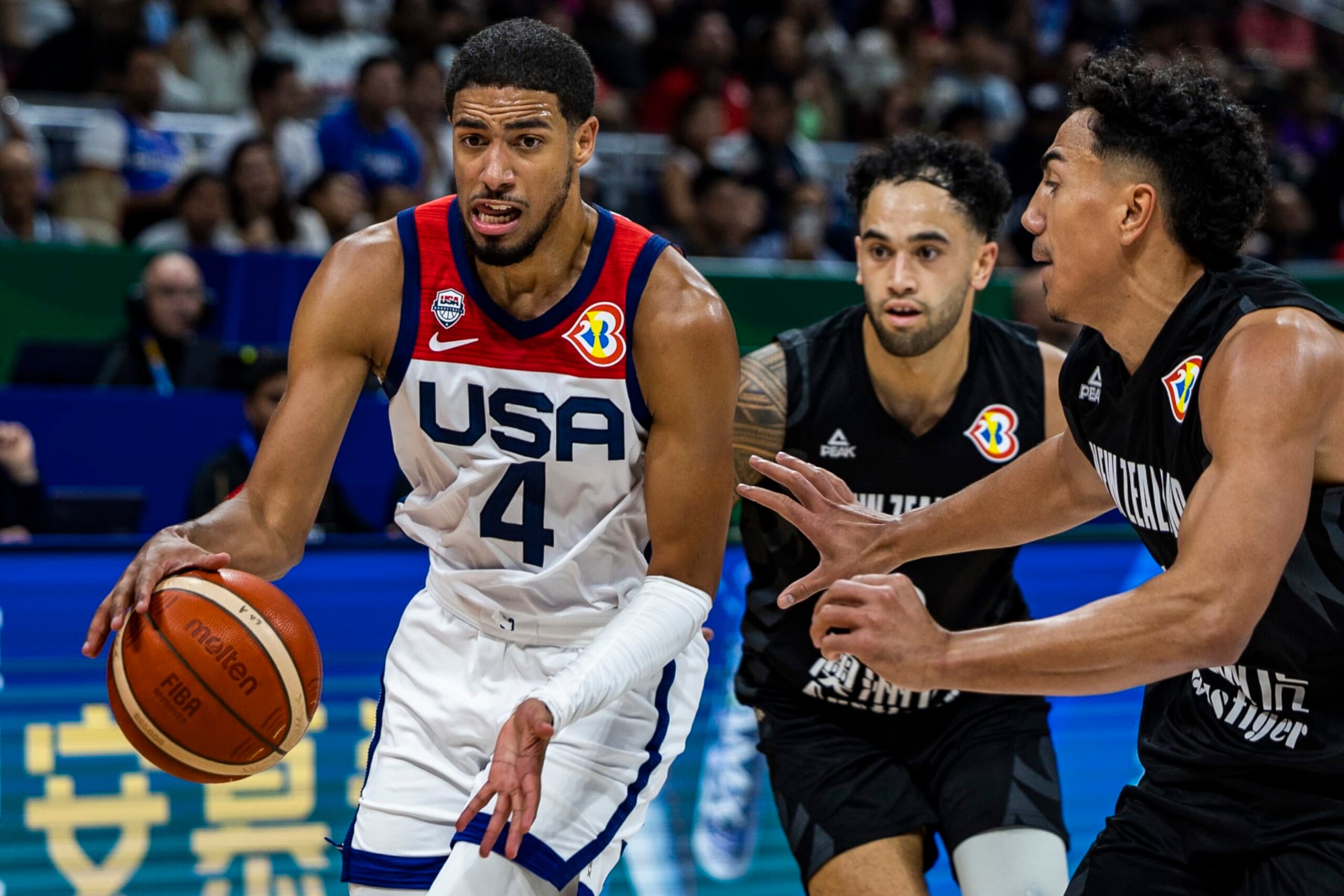 MANILA, PHILIPPINES - AUGUST 26: Tyrese Haliburton #4 of USA competes during the FIBA Basketball World Cup Group C game between United States and New Zealand at Mall of Asia Arena on August 26, 2023 in Pasay, Metro Manila, Philippines. (Photo by Ezra Acayan/Getty Images)