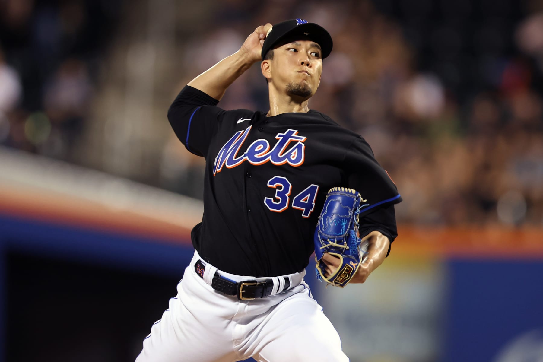 NEW YORK, NY - AUGUST 25: Kodai Senga #34 of the New York Mets pitches during the game between the Los Angeles Angels and the New York Mets at Citi Field on Friday, August 25, 2023 in New York, New York. (Photo by Rob Tringali/MLB Photos via Getty Images)