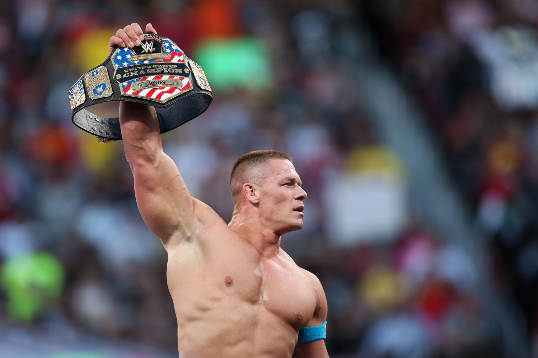 IMAGE DISTRIBUTED FOR WWE - WWE superstar John Cena celebrates winning the US title at WrestleMania 31 on Sunday, March 29, 2015 at Levi’s Stadium in Santa Clara, CA. WrestleMania broke the Levi’s Stadium attendance record at 76,976 fans from all 50 states and 40 countries. (Don Feria/AP Images for WWE)