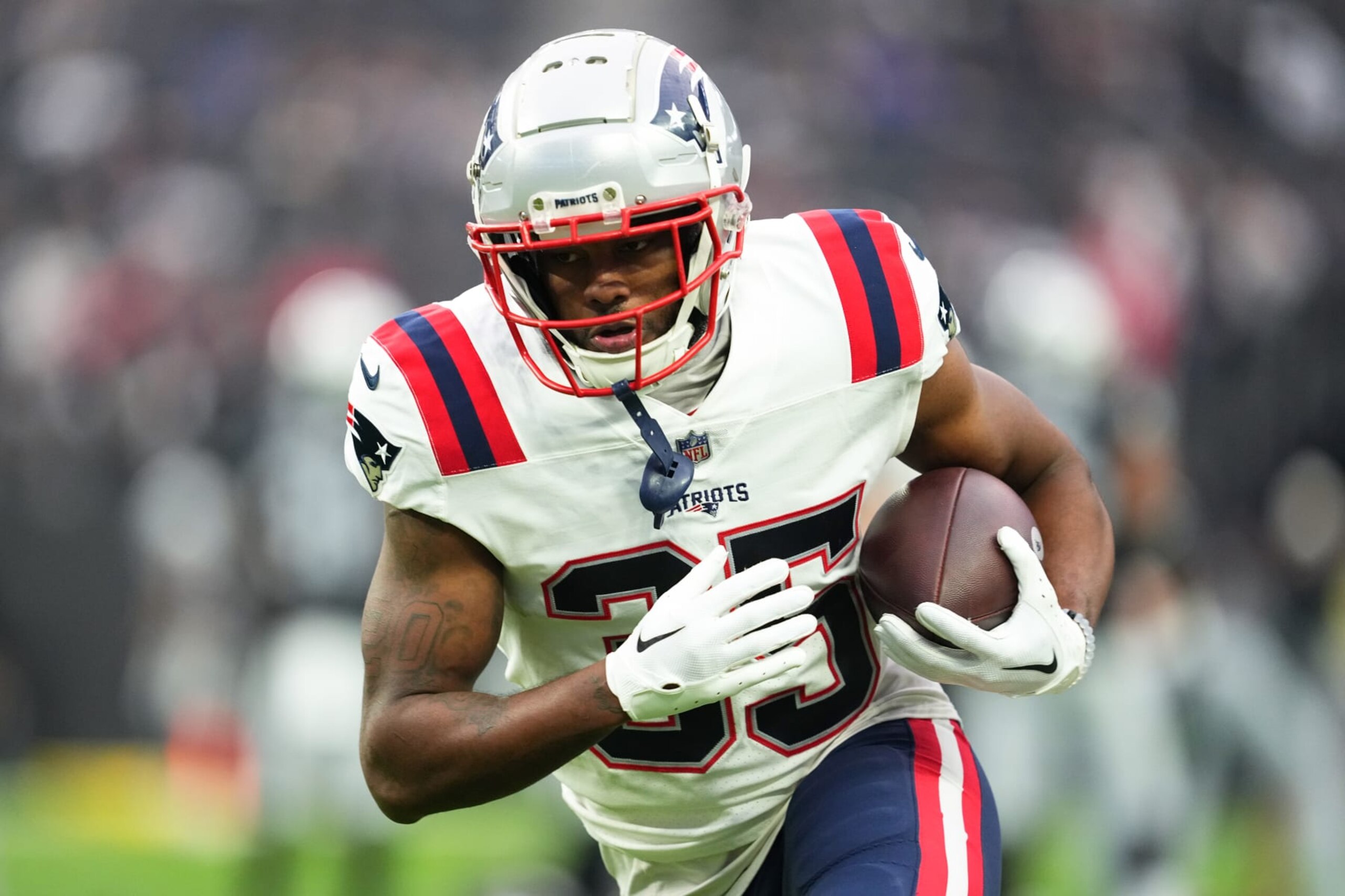 LAS VEGAS, NEVADA - DECEMBER 18:  Running back Pierre Strong Jr. #35 of the New England Patriots warms up before a game against the Las Vegas Raiders at Allegiant Stadium on December 18, 2022 in Las Vegas, Nevada. (Photo by Chris Unger/Getty Images)