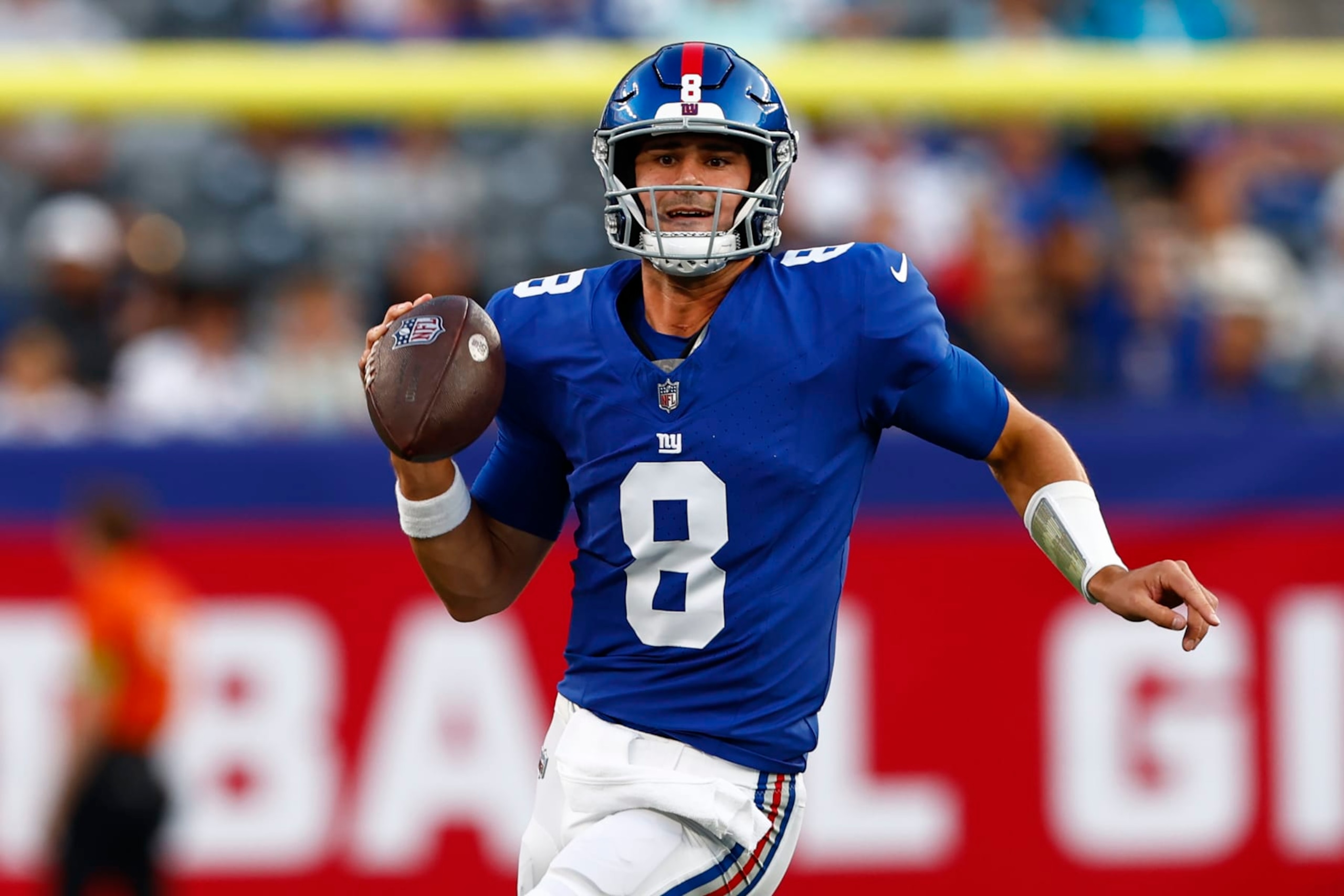 EAST RUTHERFORD, NEW JERSEY - AUGUST 18: Daniel Jones #8 of the New York Giants in action against the Carolina Panthers during a pre-season football game at MetLife Stadium on August 18, 2023 in East Rutherford, New Jersey. (Photo by Rich Schultz/Getty Images)