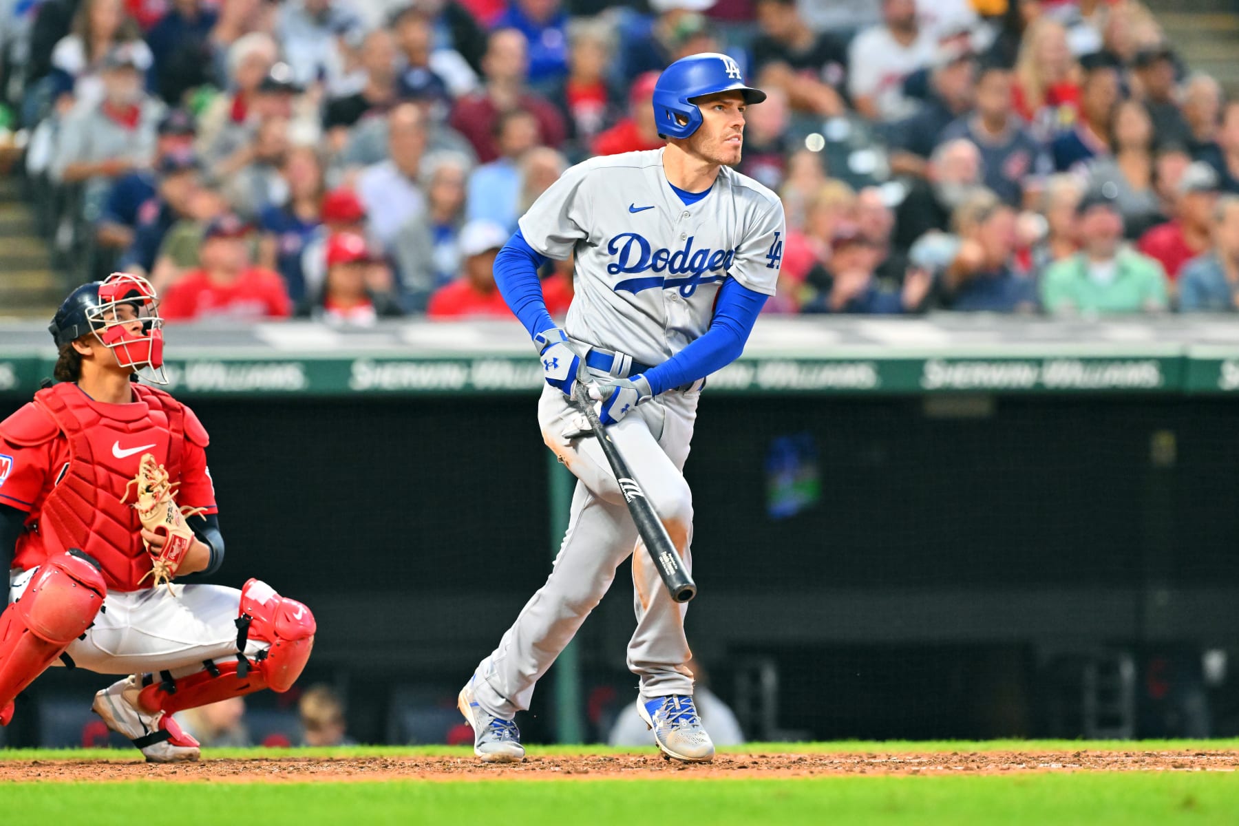 CLEVELAND, OHIO - AUGUST 22: Freddie Freeman #5 of the Los Angeles Dodgers flies out end the top of the fifth inning against the Cleveland Guardians at Progressive Field on August 22, 2023 in Cleveland, Ohio. (Photo by Jason Miller/Getty Images)
