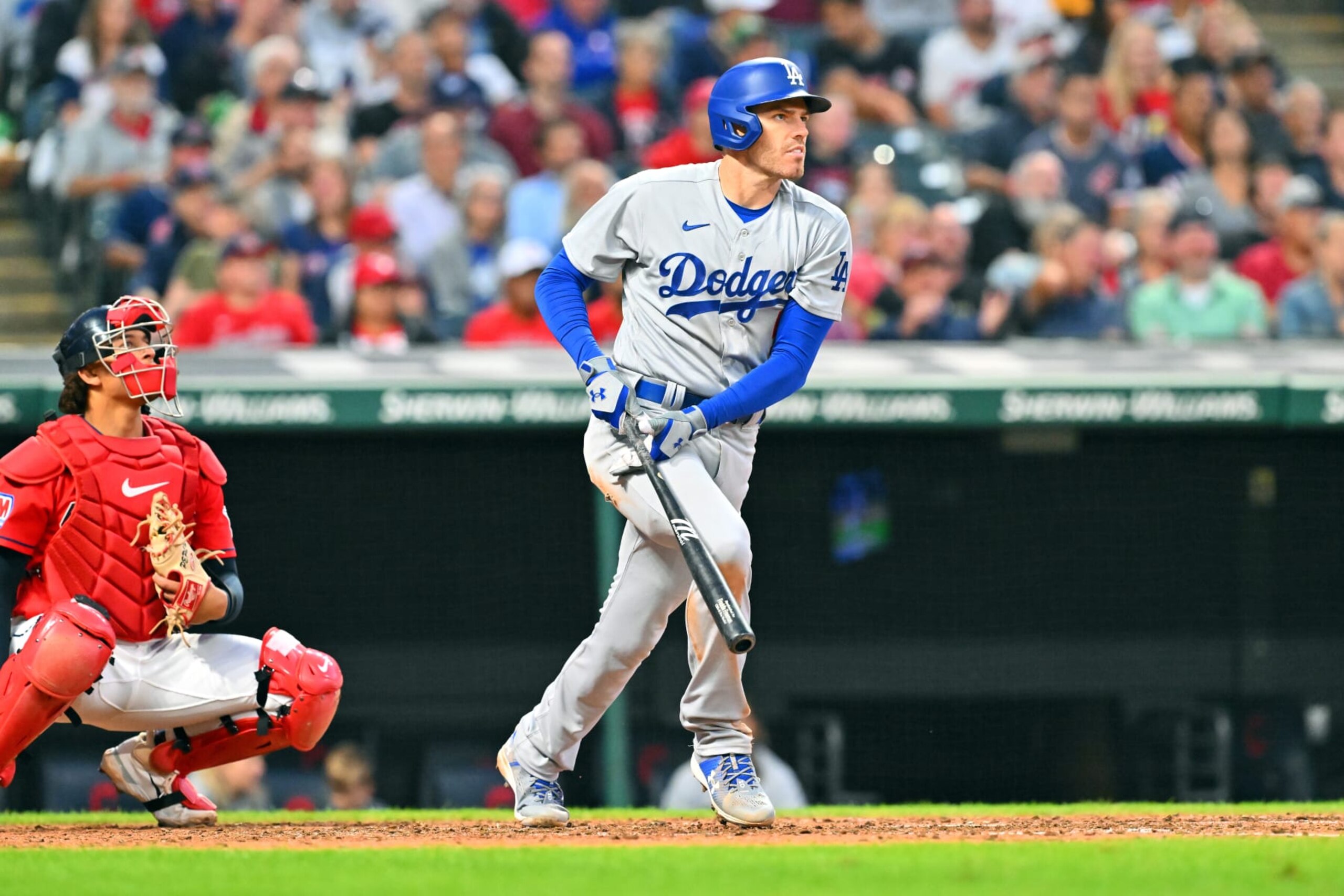 CLEVELAND, OHIO - AUGUST 22: Freddie Freeman #5 of the Los Angeles Dodgers flies out end the top of the fifth inning against the Cleveland Guardians at Progressive Field on August 22, 2023 in Cleveland, Ohio. (Photo by Jason Miller/Getty Images)