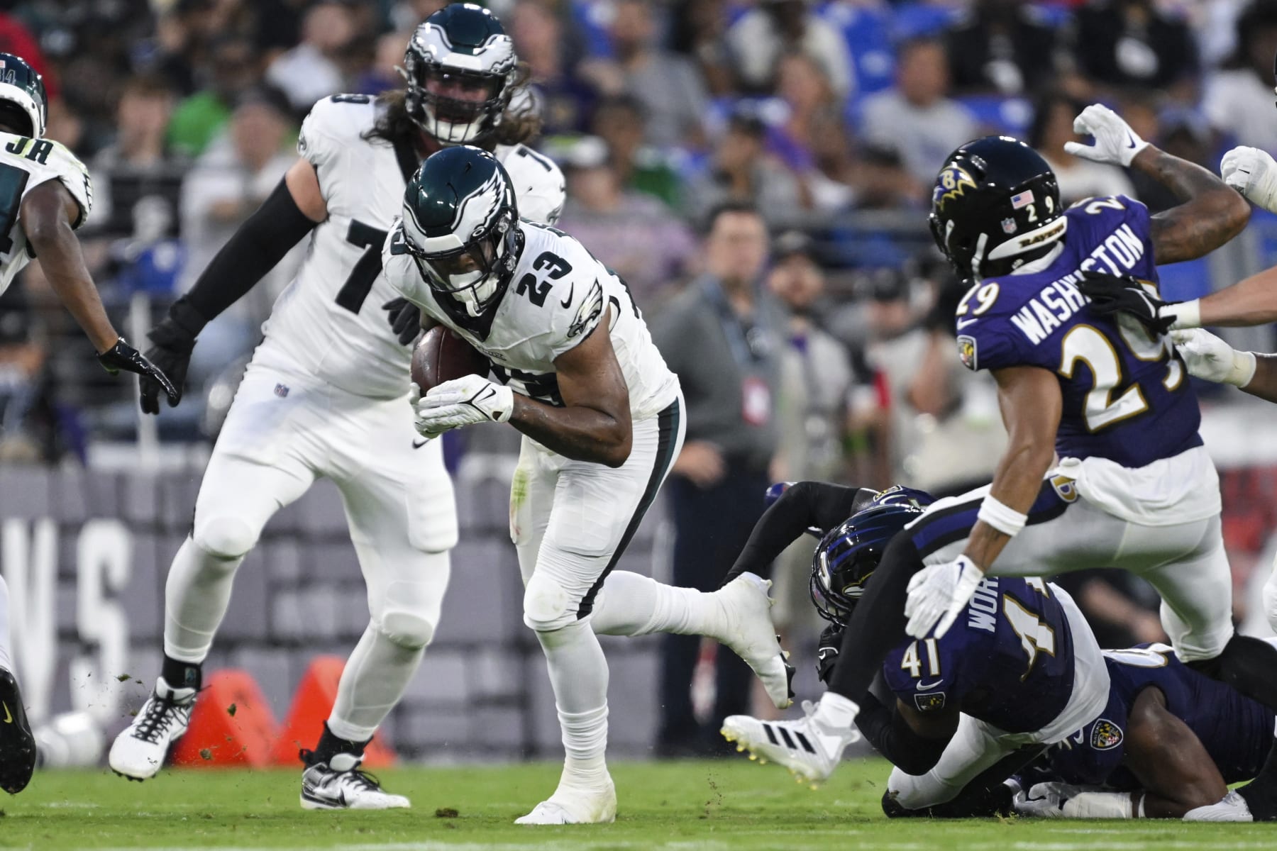 Philadelphia Eagles running back Rashaad Penny (23) runs the ball during the first half of an NFL preseason football game against the Baltimore Ravens, Saturday, Aug. 12, 2022, in Baltimore. (AP Photo/Terrance Williams)