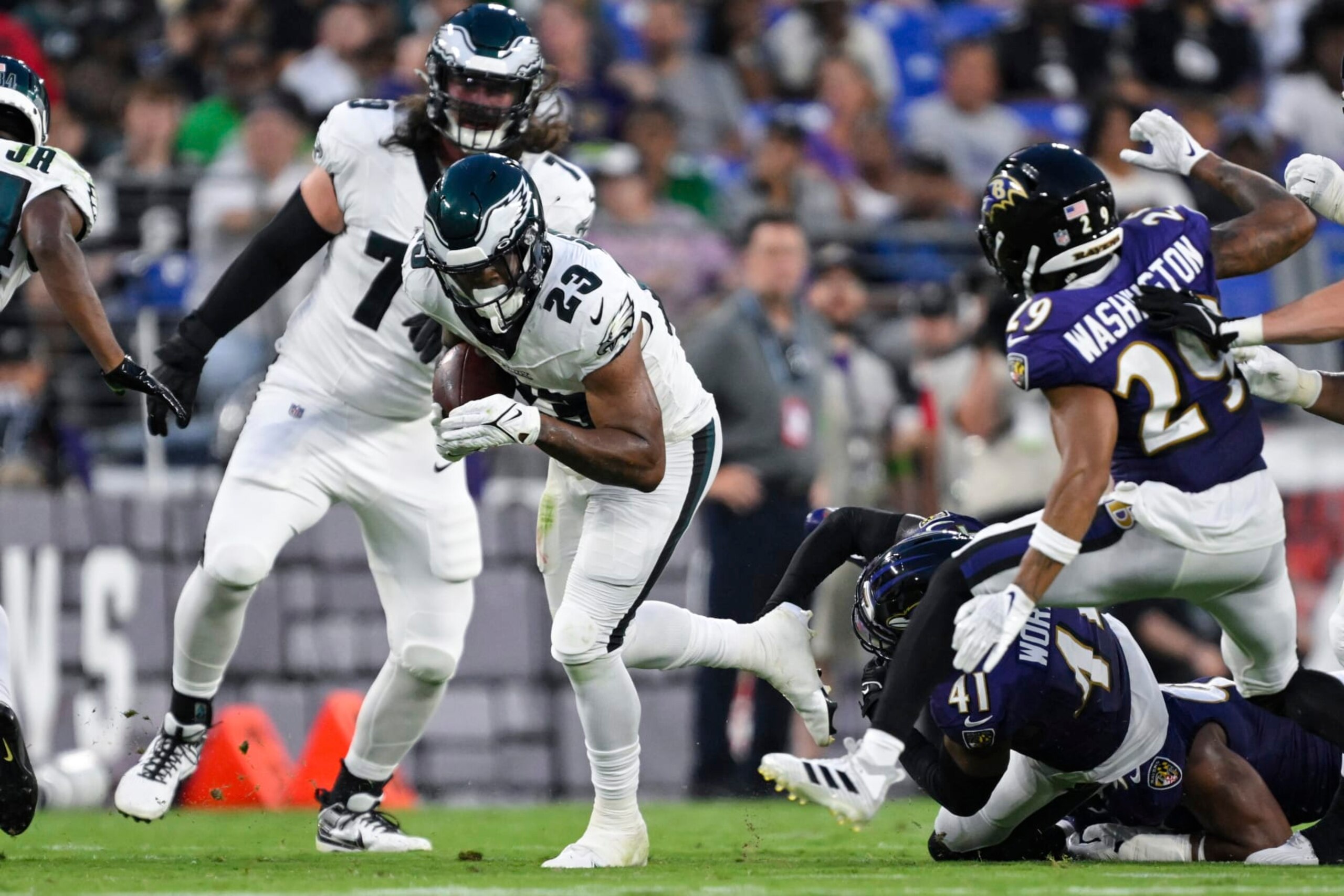 Philadelphia Eagles running back Rashaad Penny (23) runs the ball during the first half of an NFL preseason football game against the Baltimore Ravens, Saturday, Aug. 12, 2022, in Baltimore. (AP Photo/Terrance Williams)