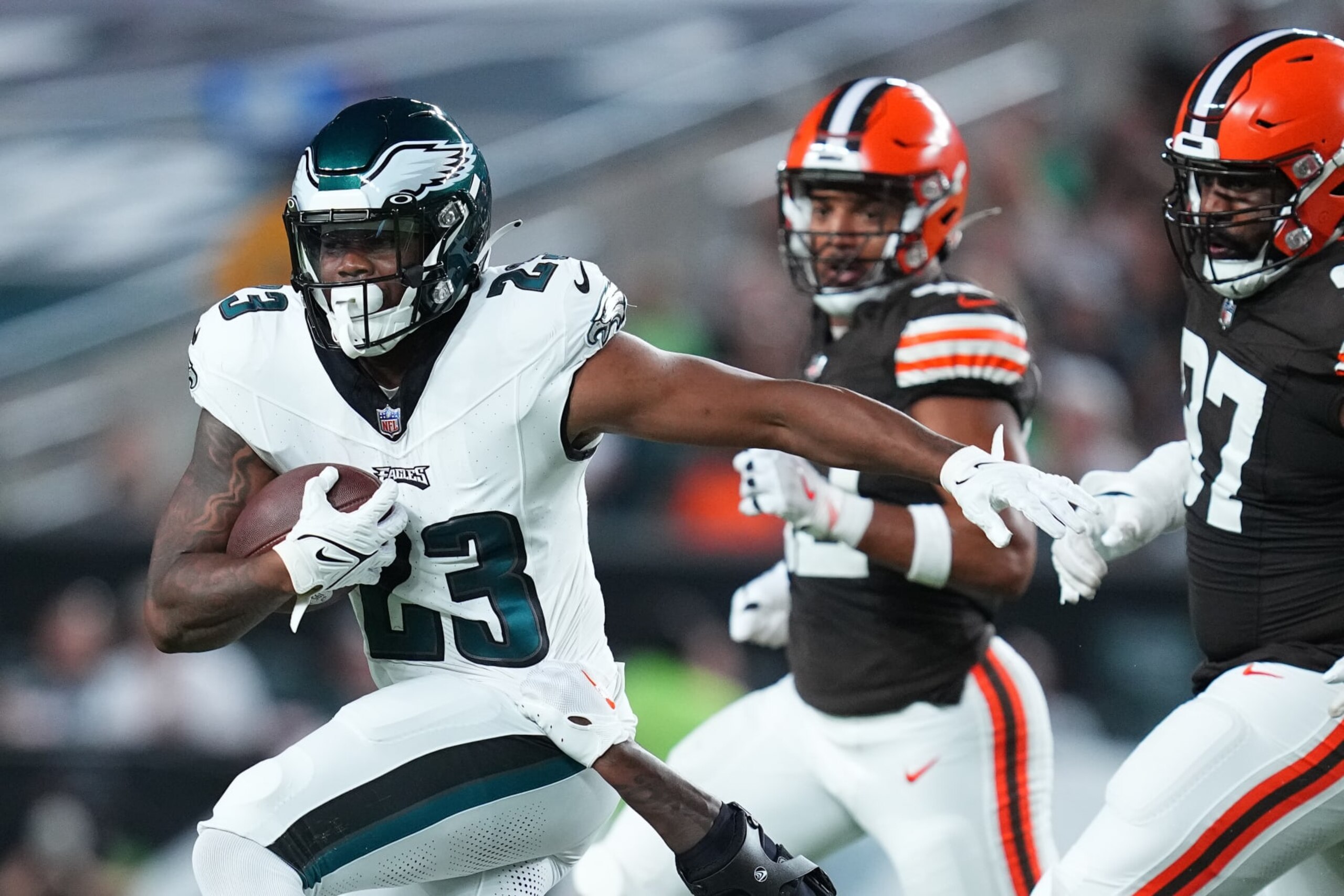 PHILADELPHIA, PENNSYLVANIA - AUGUST 17: Rashaad Penny #23 of the Philadelphia Eagles runs the ball against the Cleveland Browns during the preseason game at Lincoln Financial Field on August 17, 2023 in Philadelphia, Pennsylvania. The Browns tied the Eagles 18-18. (Photo by Mitchell Leff/Getty Images)
