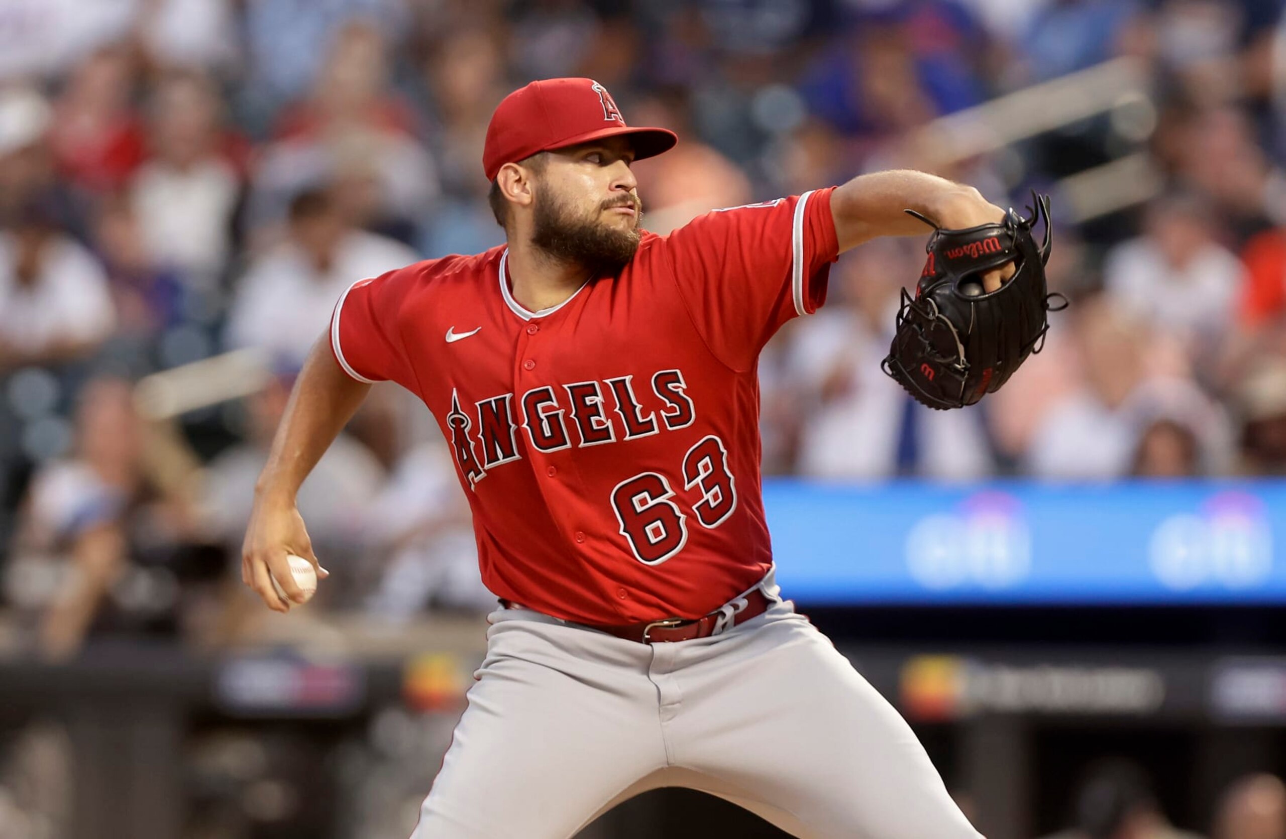 NEW YORK, NEW YORK - AUGUST 26:  Chase Silseth #63 of the Los Angeles Angels pitches during the first inning against the New York Mets at Citi Field on August 26, 2023 in New York City. (Photo by Jim McIsaac/Getty Images)