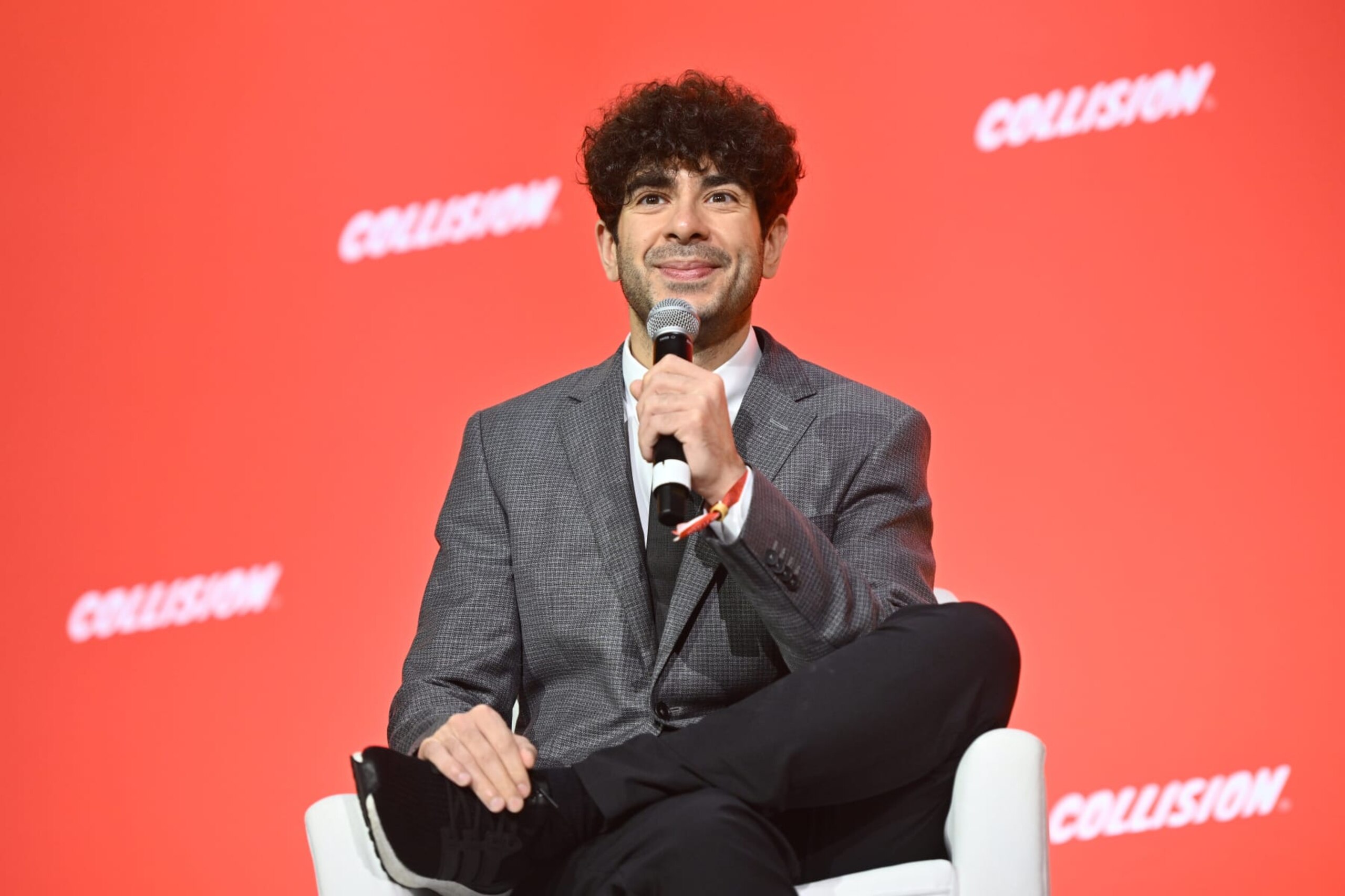Toronto , Canada - 27 June 2023; Tony Khan, CEO, General Manager & Head of Creative, AEW on PandaConf stage during day one of Collision 2023 at Enercare Centre in Toronto, Canada. (Photo By Ramsey Cardy/Sportsfile for Collision via Getty Images)