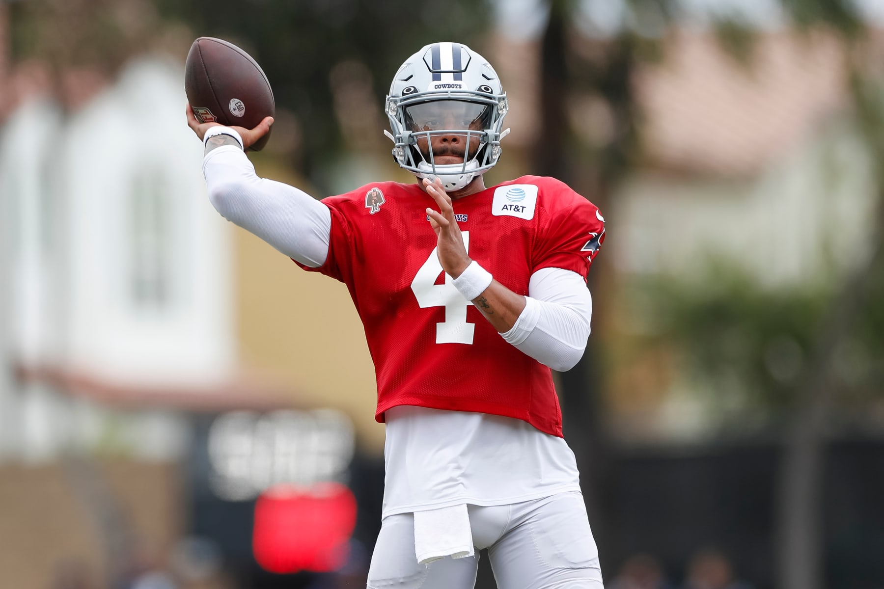 OXNARD, CA - AUGUST 15: Dallas Cowboys quarterback Dak Prescott (4) passes the ball during the team's training camp at Marriott Residence Inn at River Ridge on August 15, 2023, in Oxnard, CA. (Photo by Brandon Sloter/Icon Sportswire via Getty Images)